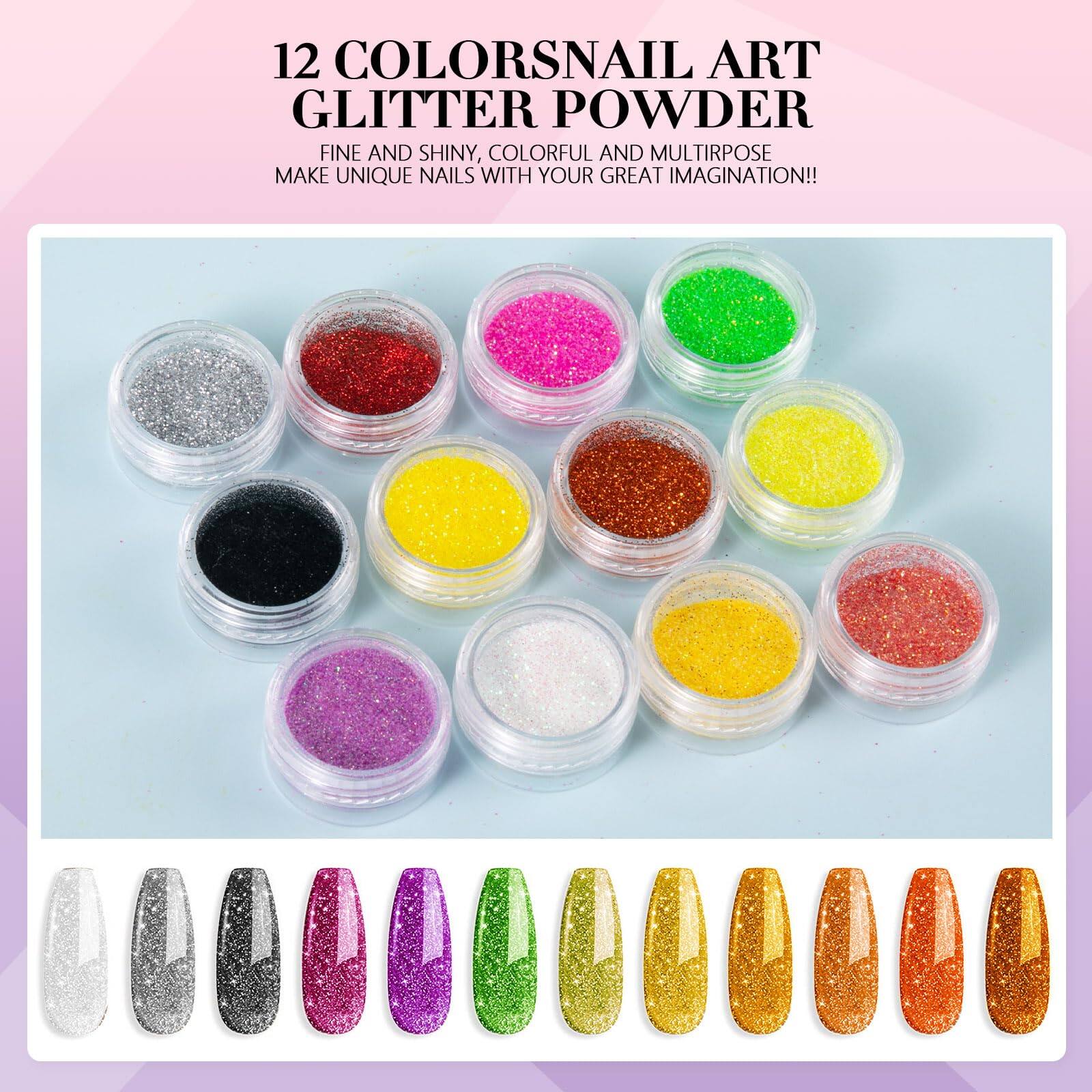 12 COLORS NAIL ART GLITTER POWDER

FINE AND SHINY, COLORFUL AND MULTIPURPOSE  
MAKE UNIQUE NAILS WITH YOUR GREAT IMAGINATION!!
