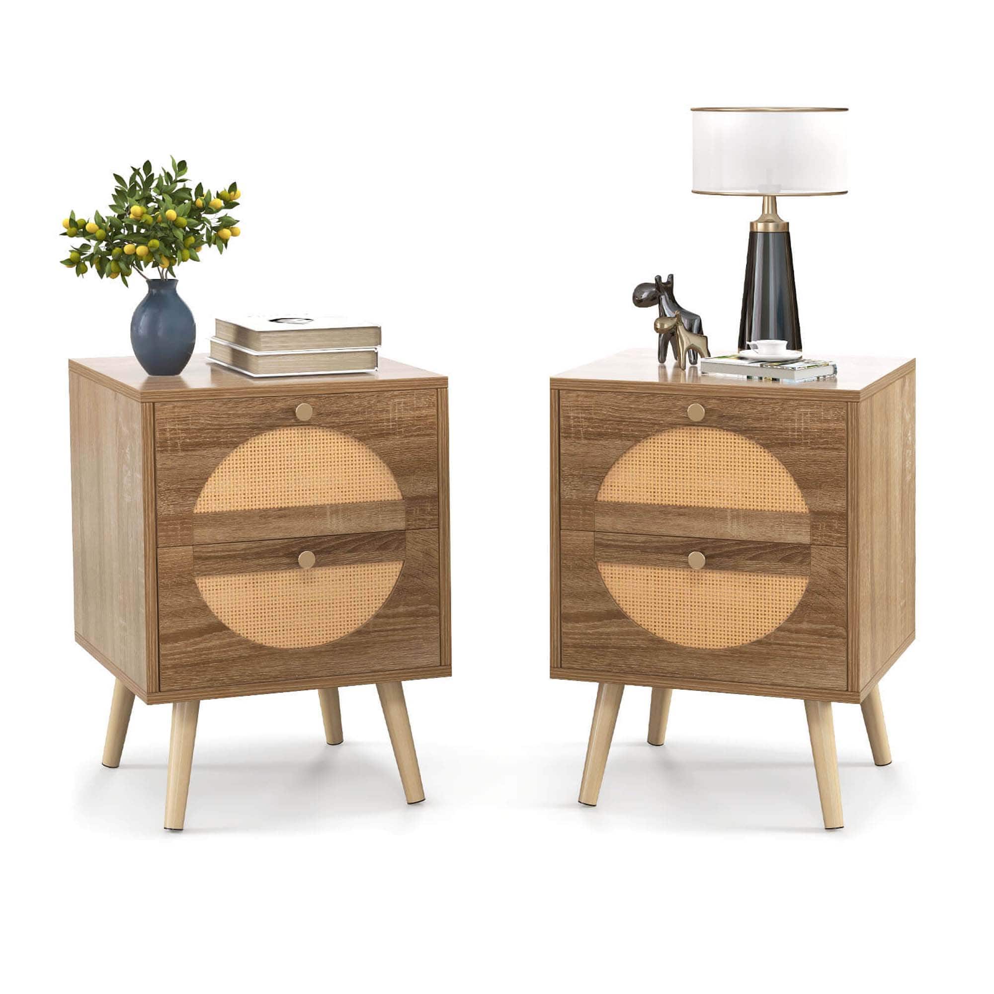 Front. Costway - Costway 2Pcs Rattan Nightstand with 2 Drawers Solid Wood Legs Compact Wood Coffee Table - Brown.
