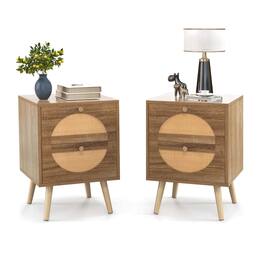 Costway - 2Pcs Rattan Nightstand with 2 Drawers Solid Wood Legs Compact Wood Coffee Table - Brown