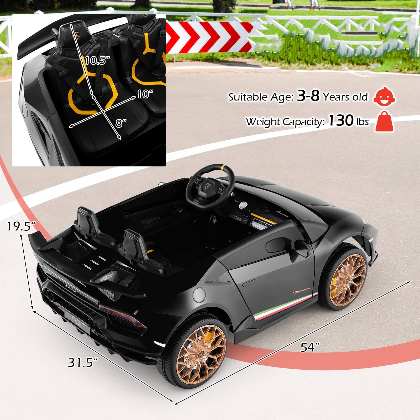 - Seat Height: 10.5"
- Seat Width: 10"
- Seat Depth: 8"
- Suitable Age: 3-8 Years old
- Weight Capacity: 130 lbs
- Car Length: 54"
- Car Width: 31.5"
- Car Height: 19.5"