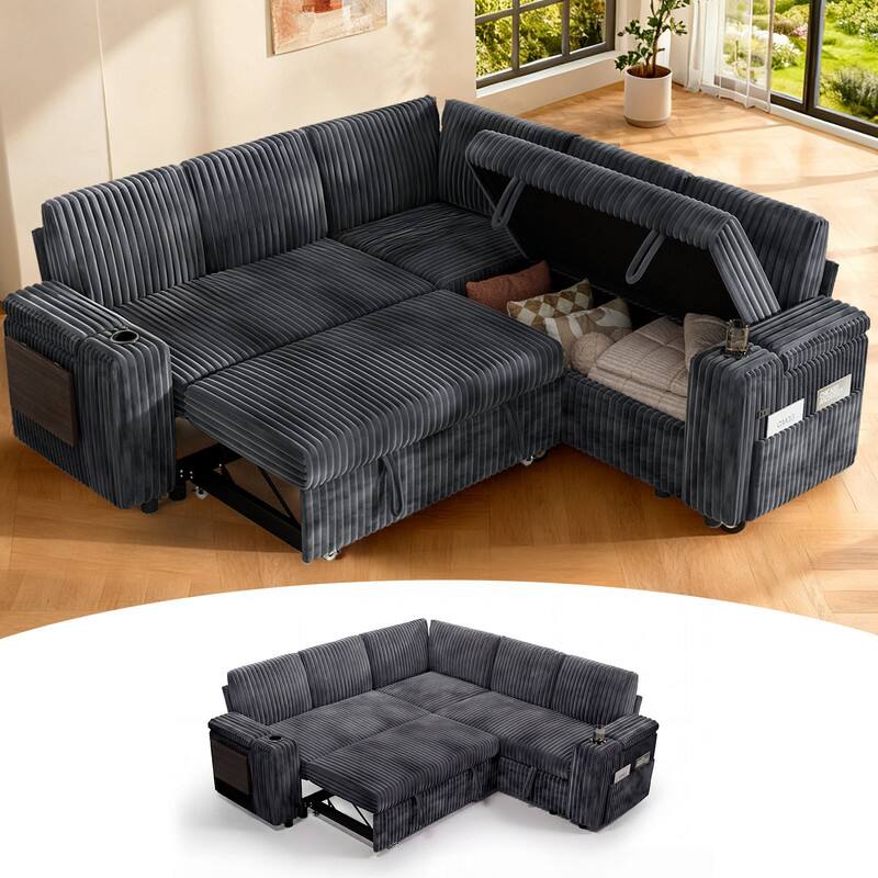 Angle. Dyonery - 85" Modular Sectional Sofa with Pull Out Bed,Corduroy Fabric 5 Seat Sectional Sofa with Storage,for Living Room - Dark Dray.