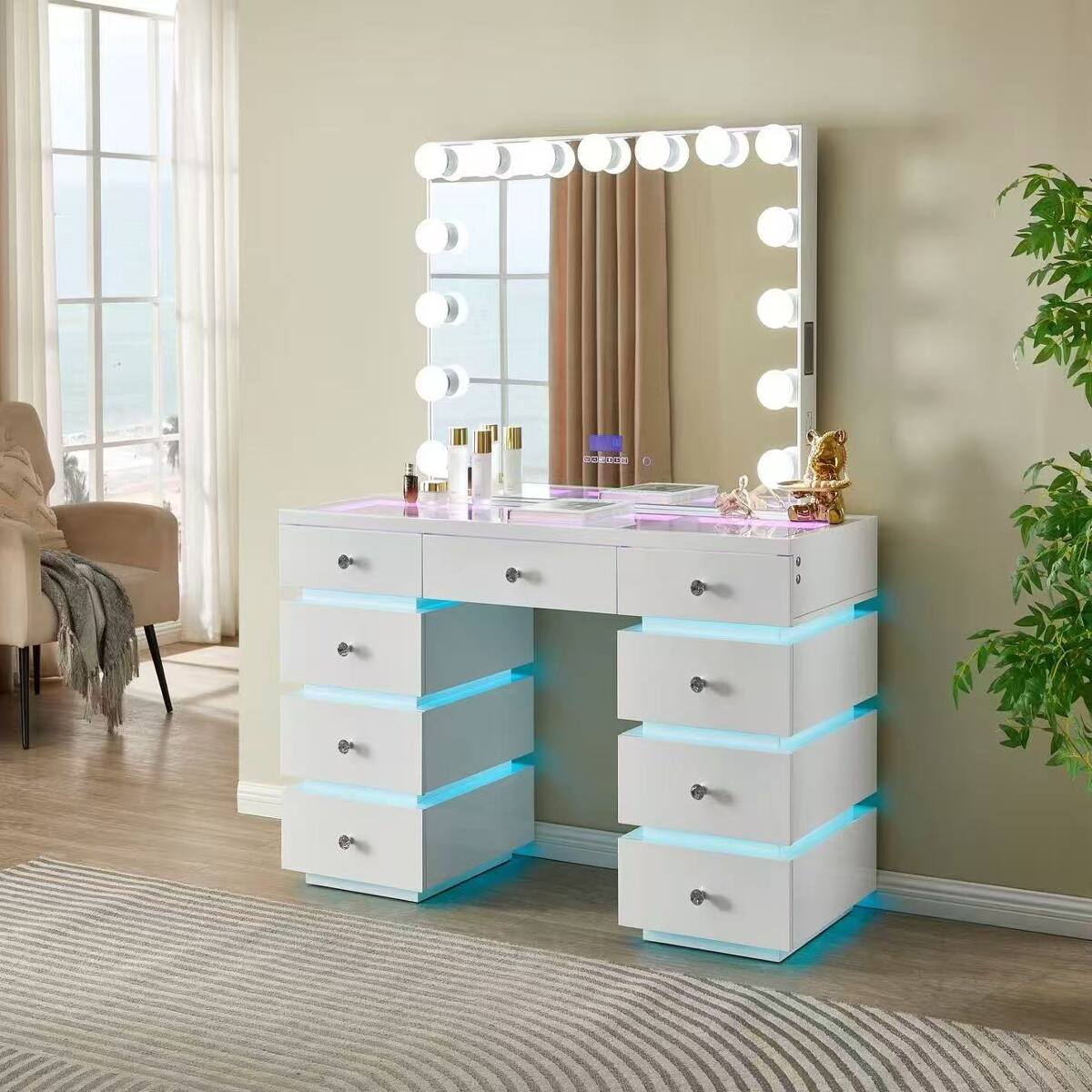 Front. Loheer - Loheer Lighted Makeup Vanity Desk with RGB Drawer Lights and 15 Bulb Hollywood Mirror - Gloss White.