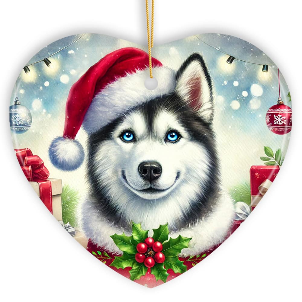 OrnamentallyYou - Merry Holly Berry Siberian Husky Ornament Whimsical Christmas Tree Decor Heart - Multi-colored