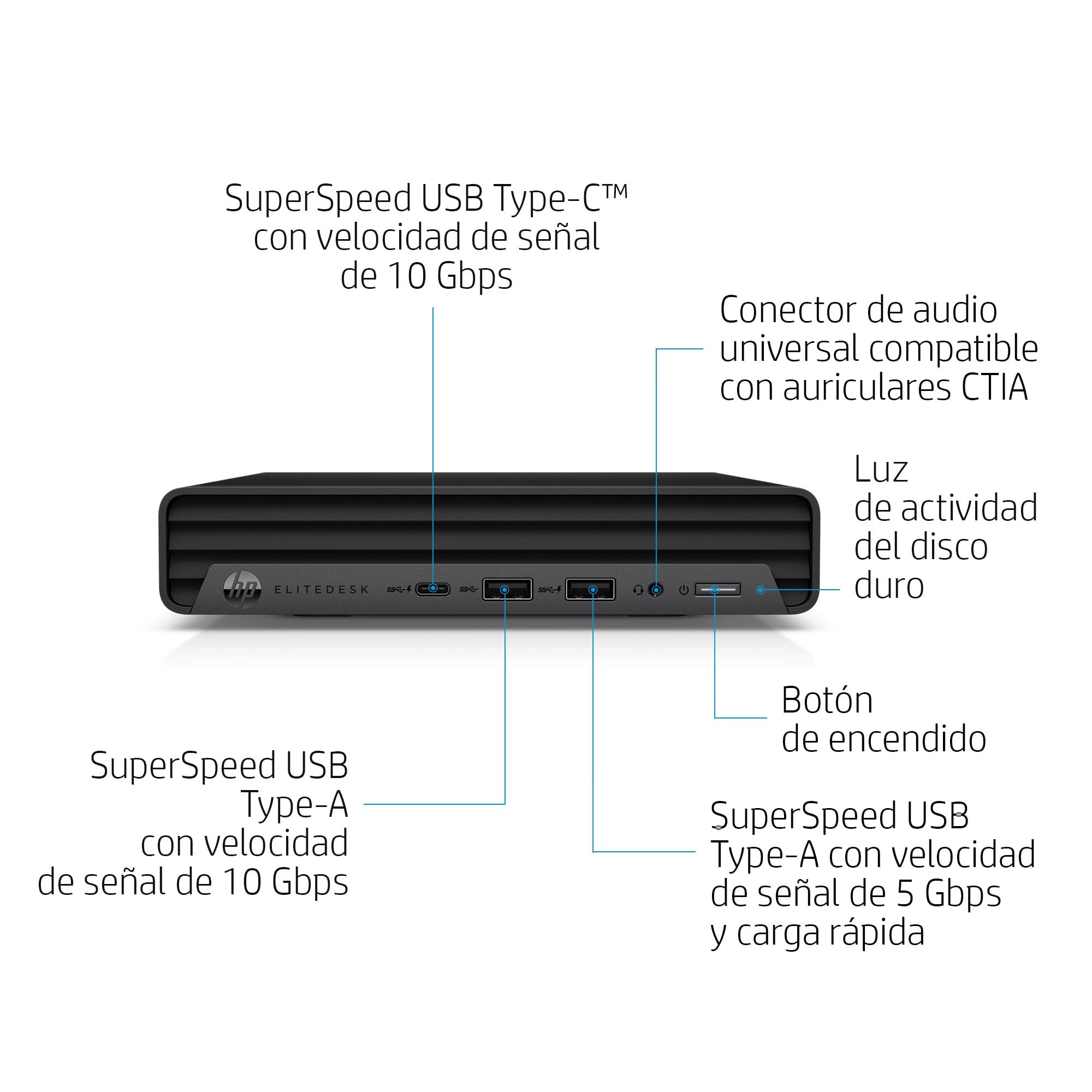 SuperSpeed USB Type-C™ con velocidad de señal de 10 Gbps  
Conector de audio universal compatible con auriculares CTIA  
Luz de actividad del disco duro  
SuperSpeed USB Type-A con velocidad de señal de 10 Gbps  
Botón de encendido  
SuperSpeed USB Type-A con velocidad de señal de 5 Gbps y carga rápida