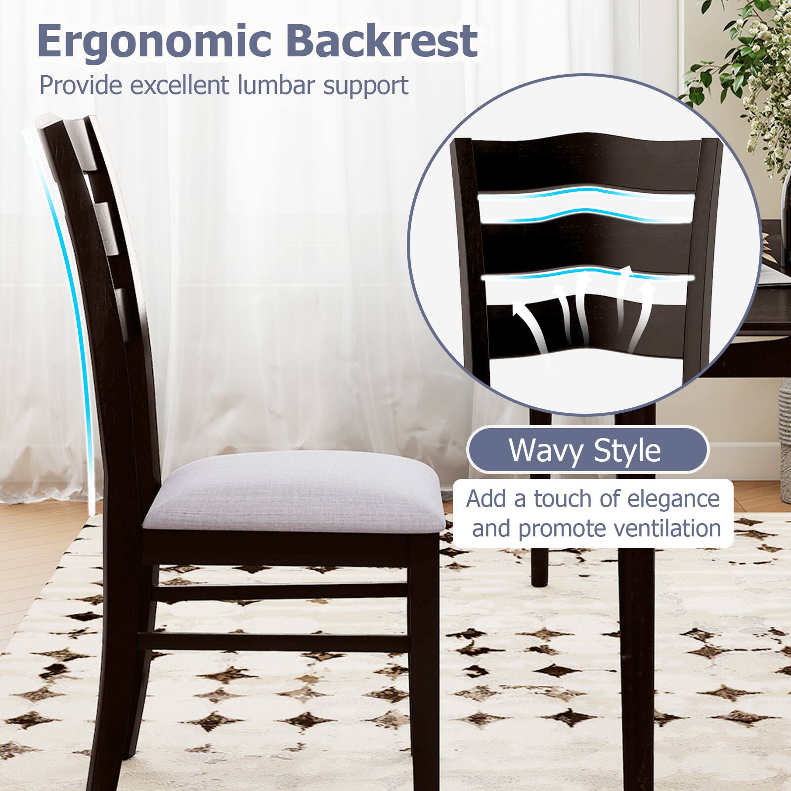 Ergonomic Backrest  
Provide excellent lumbar support  

Wavy Style  
Add a touch of elegance and promote ventilation