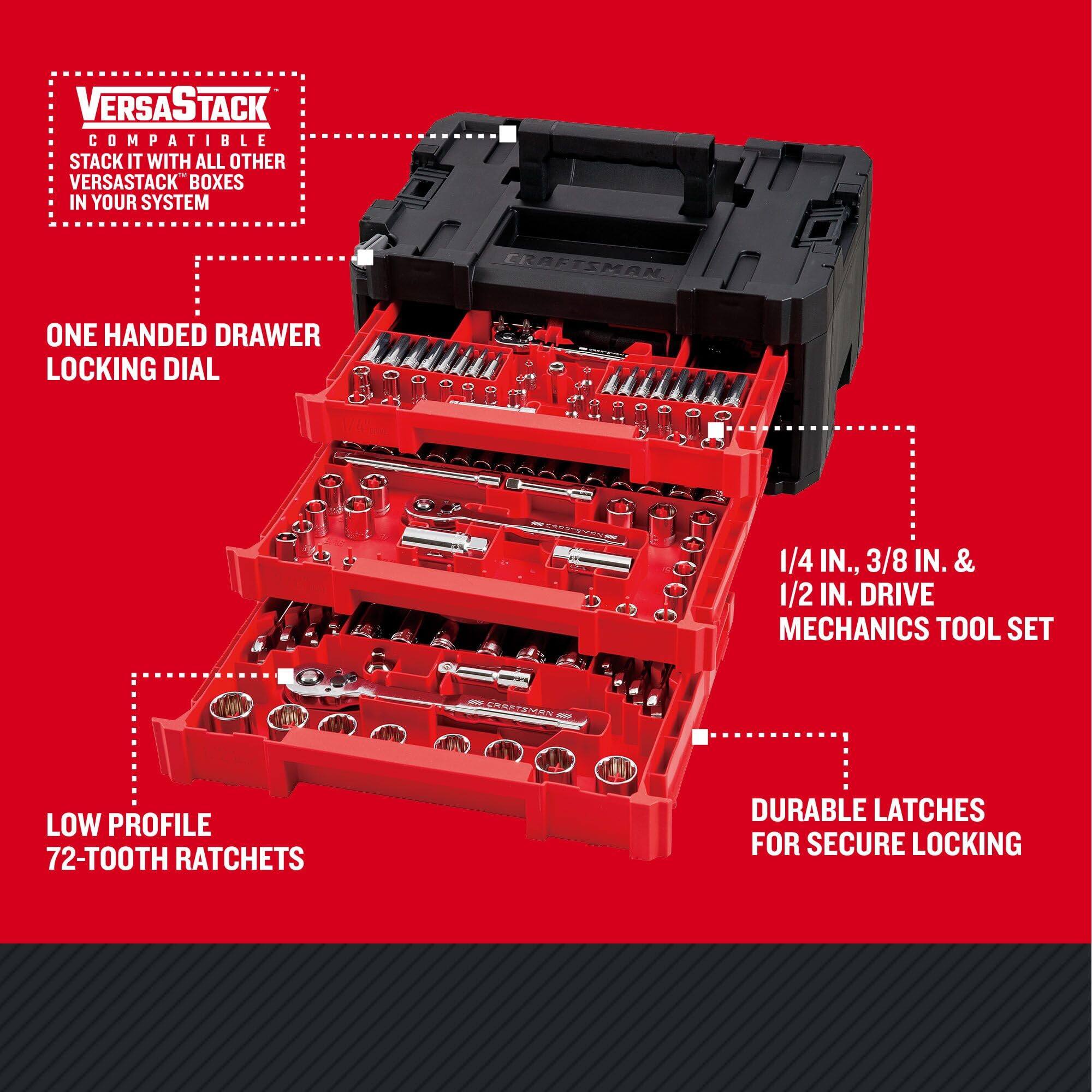 - VERSASTACK
  - STACK IT WITH ALL OTHER VERSASTACK BOXES IN YOUR SYSTEM

- ONE HANDED DRAWER LOCKING DIAL

- 1/4 IN., 3/8 IN. & 1/2 IN. DRIVE MECHANICS TOOL SET

- LOW PROFILE 72-TOOTH RATCHETS

- DURABLE LATCHES FOR SECURE LOCKING