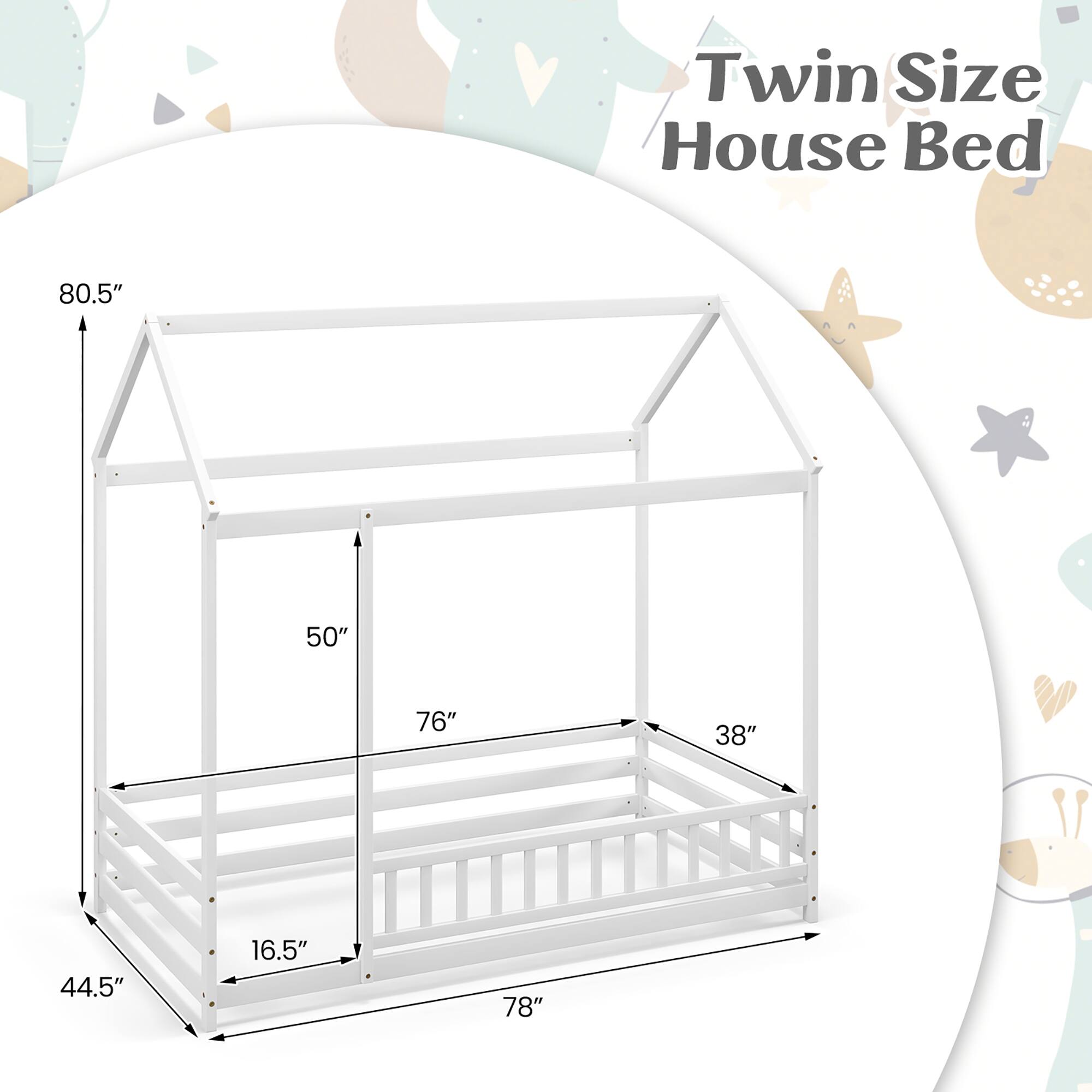 Twin Size House Bed

80.5"
50"
76"
38"
44.5"
16.5"
78"