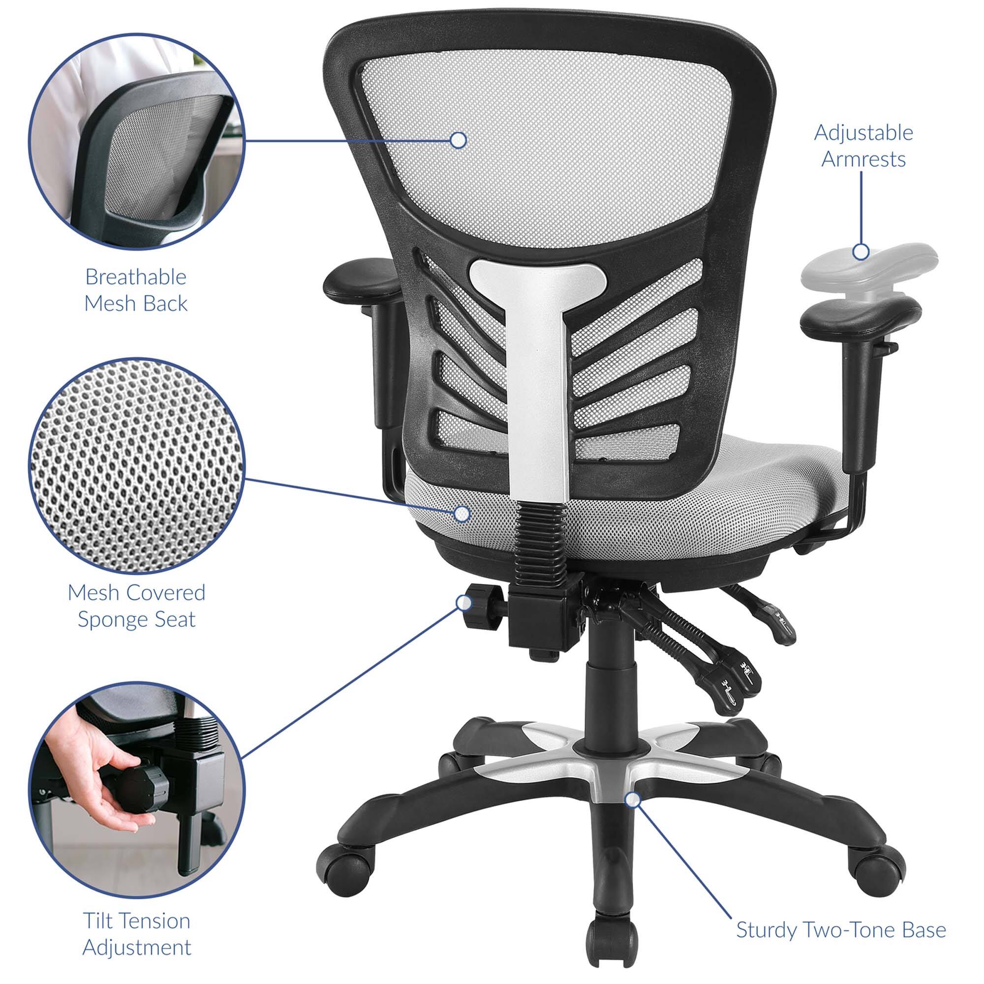 - Adjustable Armrests
- Breathable Mesh Back
- Mesh Covered Sponge Seat
- Tilt Tension Adjustment
- Sturdy Two-Tone Base