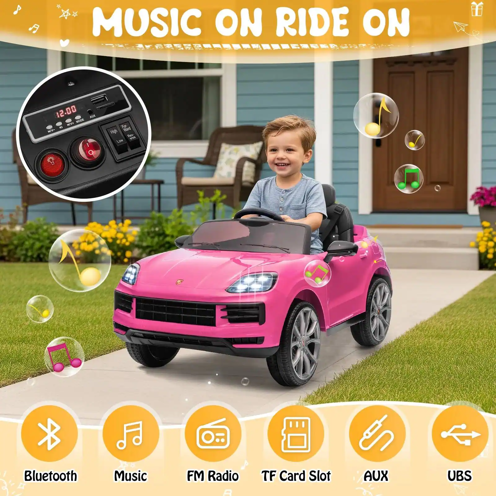 MUSIC ON RIDE ON

- Bluetooth Music
- FM Radio
- TF Card Slot
- AUX
- USB