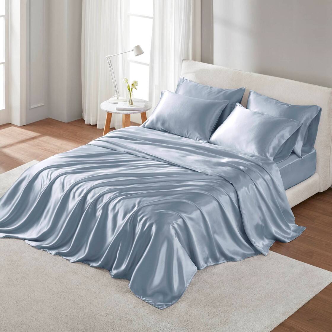 Alt View 1. Gracie Mills - Gracie Mills Coralie 6-Piece Wrinkle-free Satin Sheet Set - Blue.