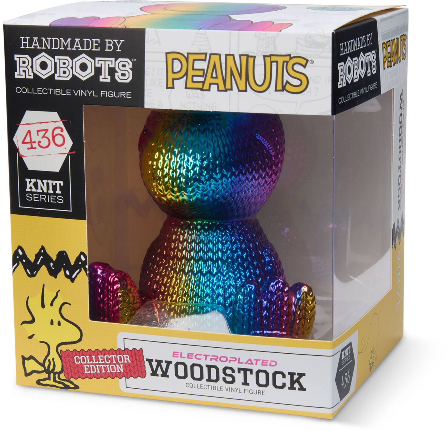 HANDMADE BY ROBOTS  
COLLECTIBLE VINYL FIGURE  

PEANUTS  

436  
KNIT SERIES  

COLLECTOR EDITION  
ELECTROPLATED  
WOODSTOCK  
COLLECTIBLE VINYL FIGURE