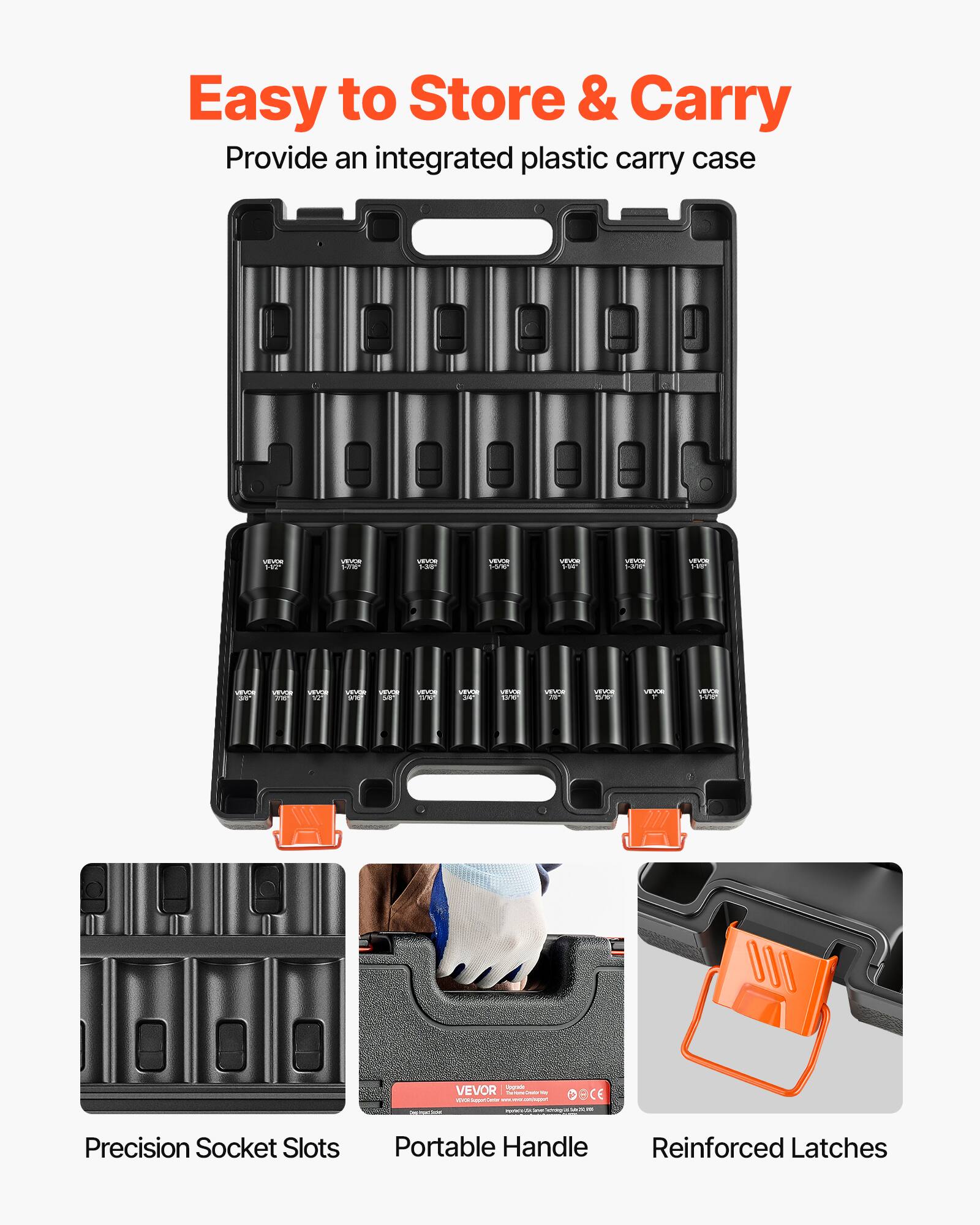 Easy to Store & Carry  
Provide an integrated plastic carry case

Precision Socket Slots  
Portable Handle  
Reinforced Latches
