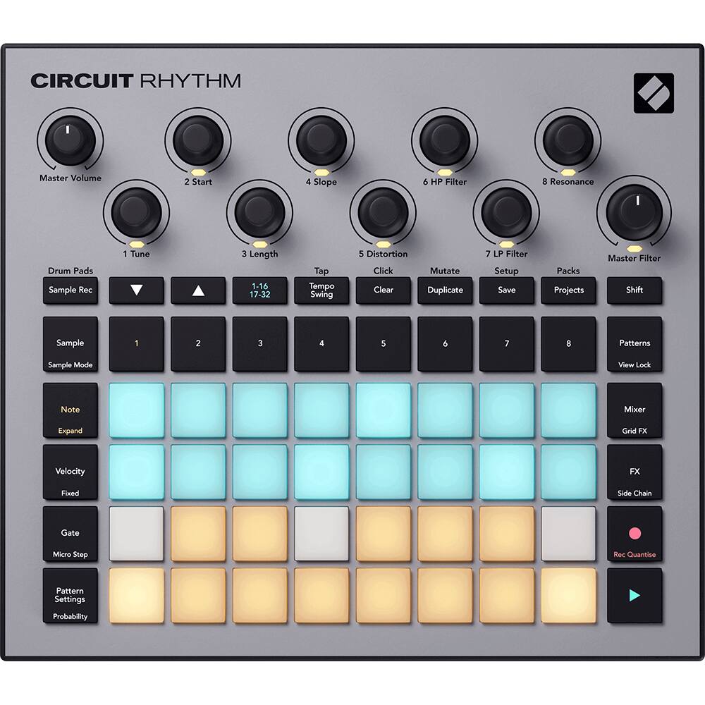 CIRCUIT RHYTHM

Master Volume
1 Tune
2 Start
3 Length
4 Slope
5 Distortion
6 HP Filter
7 LP Filter
8 Resonance
Master Filter

Drum Pads
Sample Rec
Sample Mode
1-16 17-32
Tap Tempo Swing
Sample 1 2 3 4 5 6 7 8
Note Expand
Velocity Fixed
Gate Micro Step
Pattern Settings Probability
Patterns
View Lock
Mixer Grid FX
FX Side Chain
Rec Quantise

Click Mutate Clear Duplicate
Setup Save Packs Projects Shift

Sample Mode
Tap Tempo Swing
Sample 1 2 3 4 5 6 7 8
Note Expand
Velocity Fixed
Gate Micro Step
Pattern Settings Probability
Patterns
View Lock
Mixer Grid FX
FX Side Chain
Rec Quantise