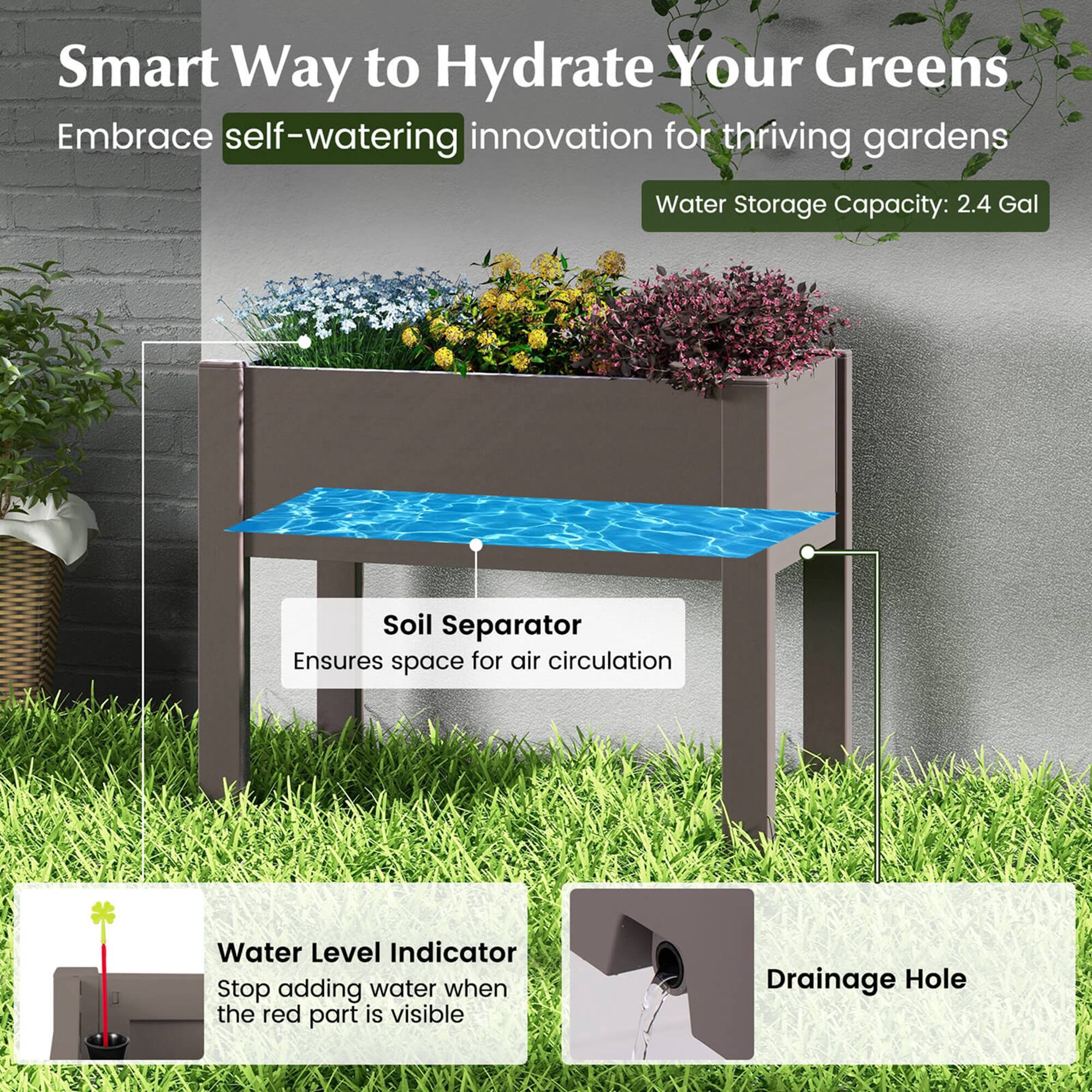 Smart Way to Hydrate Your Greens: Embrace self-watering innovation for thriving gardens. Water Storage Capacity: 2.4 Gal. Soil Separator: Ensures space for air circulation. Water Level Indicator: Stop adding water when the red part is visible. Drainage Hole.