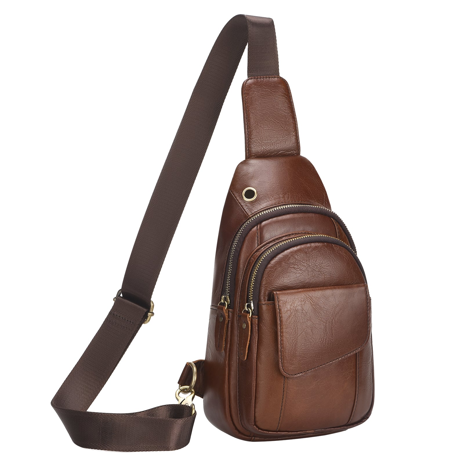 Unique Bargains - Full-Grain Leather Sling Bag for Men Women Vintage Multi-Pocket Crossbody Bag with Concealed Carry Compartment - Light Brown