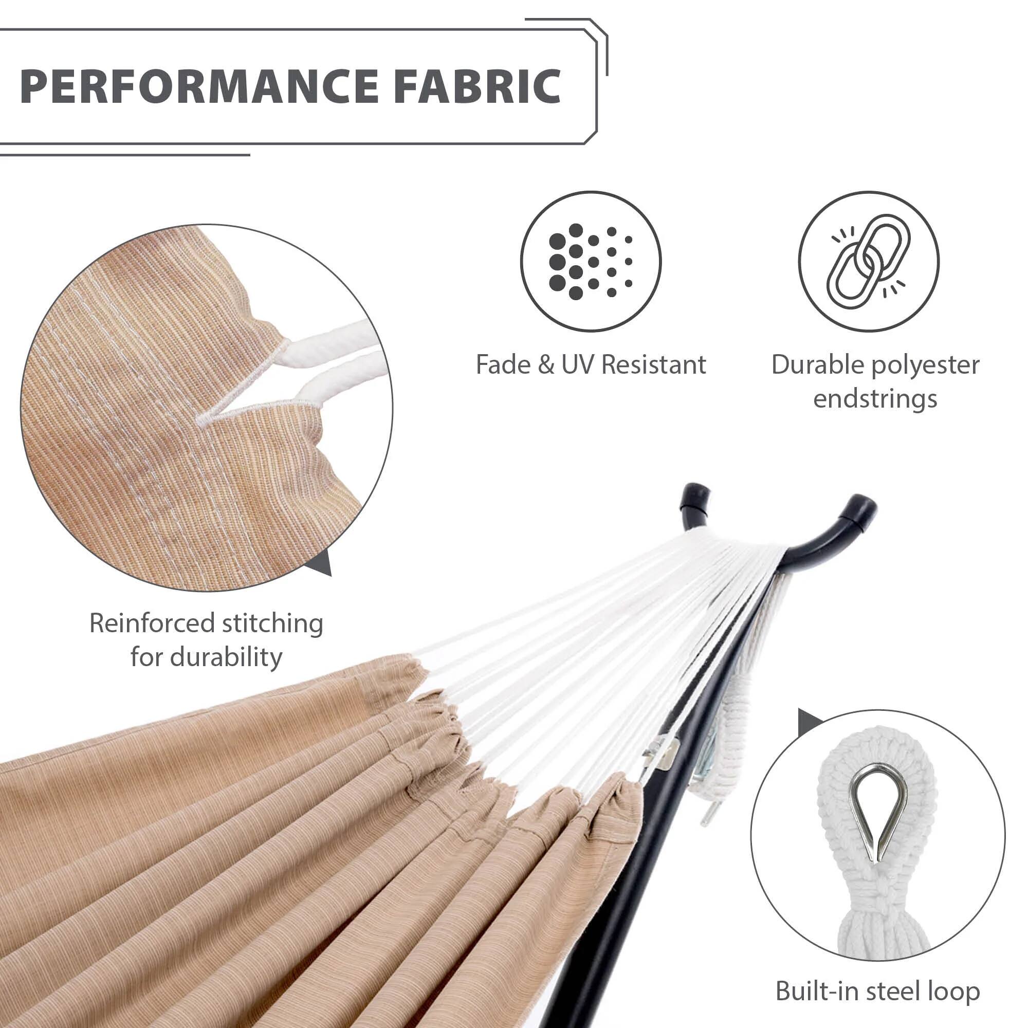 PERFORMANCE FABRIC

- Fade & UV Resistant
- Durable polyester endstrings
- Reinforced stitching for durability
- Built-in steel loop