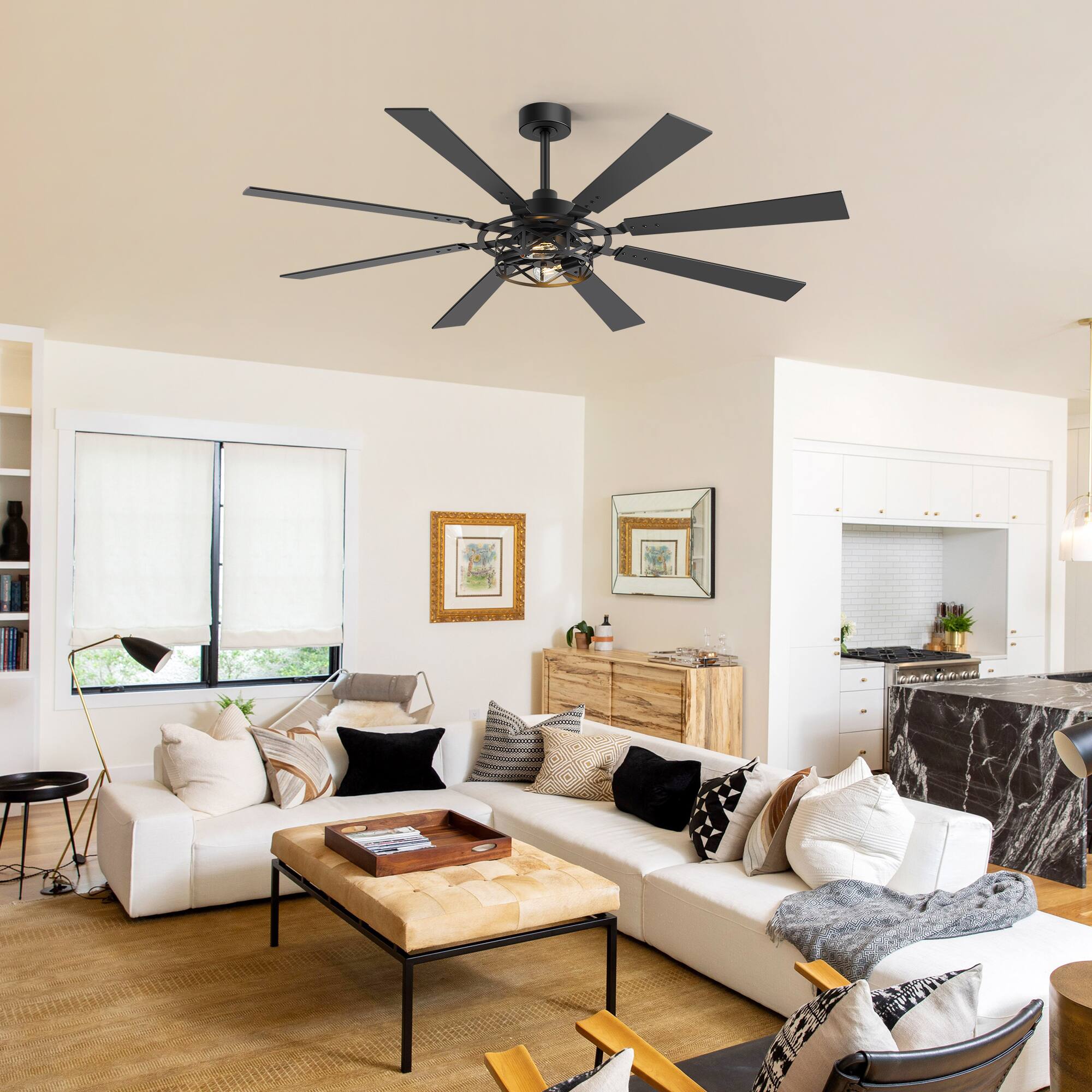 Alt View 5. Breezary - 65-Inch Traditional Ceiling Fan with Dual Bulb Light Kit, 8 Reversible Blades, DC Motor, 6 Speeds, Remote & Timer - Black and Walnut.