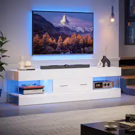 Bestier - 60inch Glossy TV Stand for TVs Up to 65 Inches, Featuring a Drawer and LED-Lit Stone Grain Media Console - White