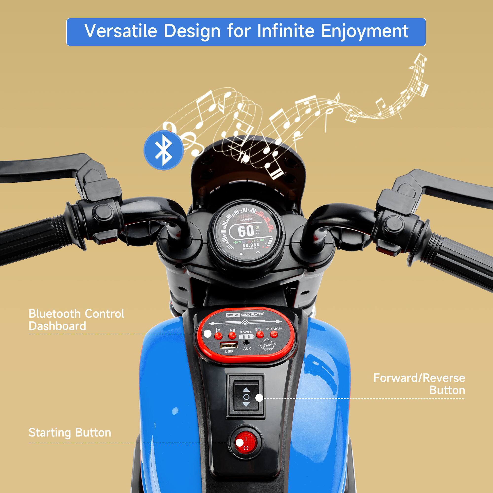 Versatile Design for Infinite Enjoyment

Bluetooth Control Dashboard

Starting Button

Forward/Reverse Button