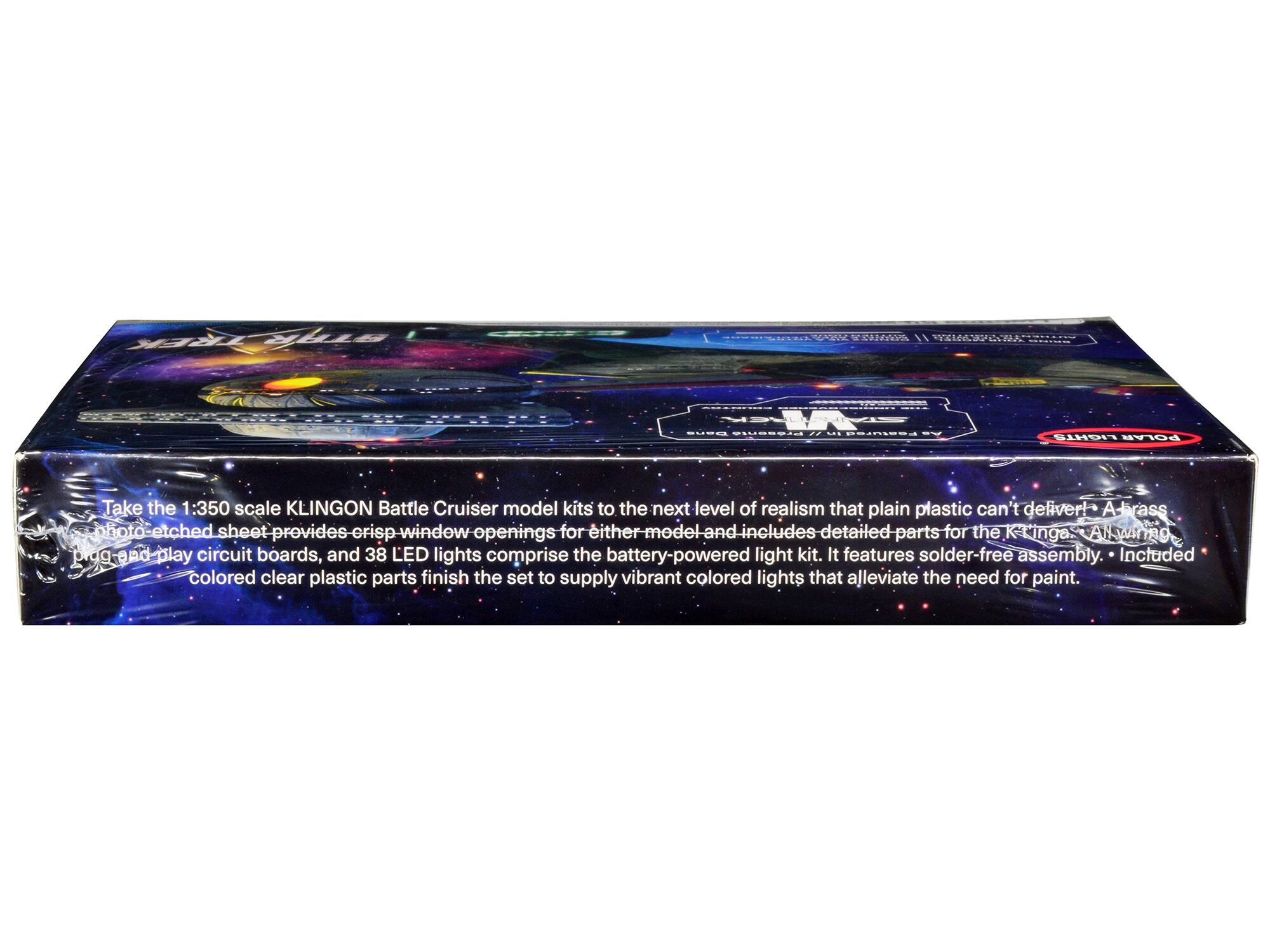 Take the 1:350 scale KLINGON Battle Cruiser model kits to the next level of realism that plain plastic can't deliver! A brass photo-etched sheet provides crisp window openings for either model and includes detailed parts for the Klingon All-wiring plug-and-play circuit boards, and 38 LED lights comprise the battery-powered light kit. It features solder-free assembly. Included colored clear plastic parts finish the set to supply vibrant colored lights that alleviate the need for paint.