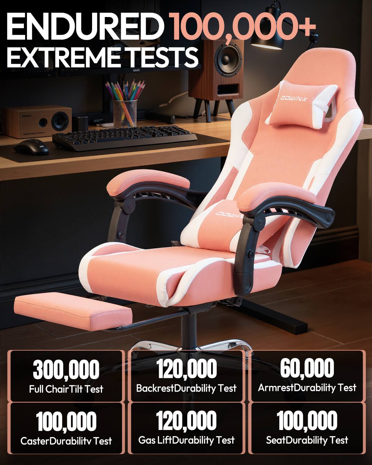 ENDURED 100,000+ EXTREME TESTS

- 300,000 Full Chair Tilt Test
- 120,000 Backrest Durability Test
- 60,000 Armrest Durability Test
- 100,000 Caster Durability Test
- 120,000 Gas Lift Durability Test
- 100,000 Seat Durability Test