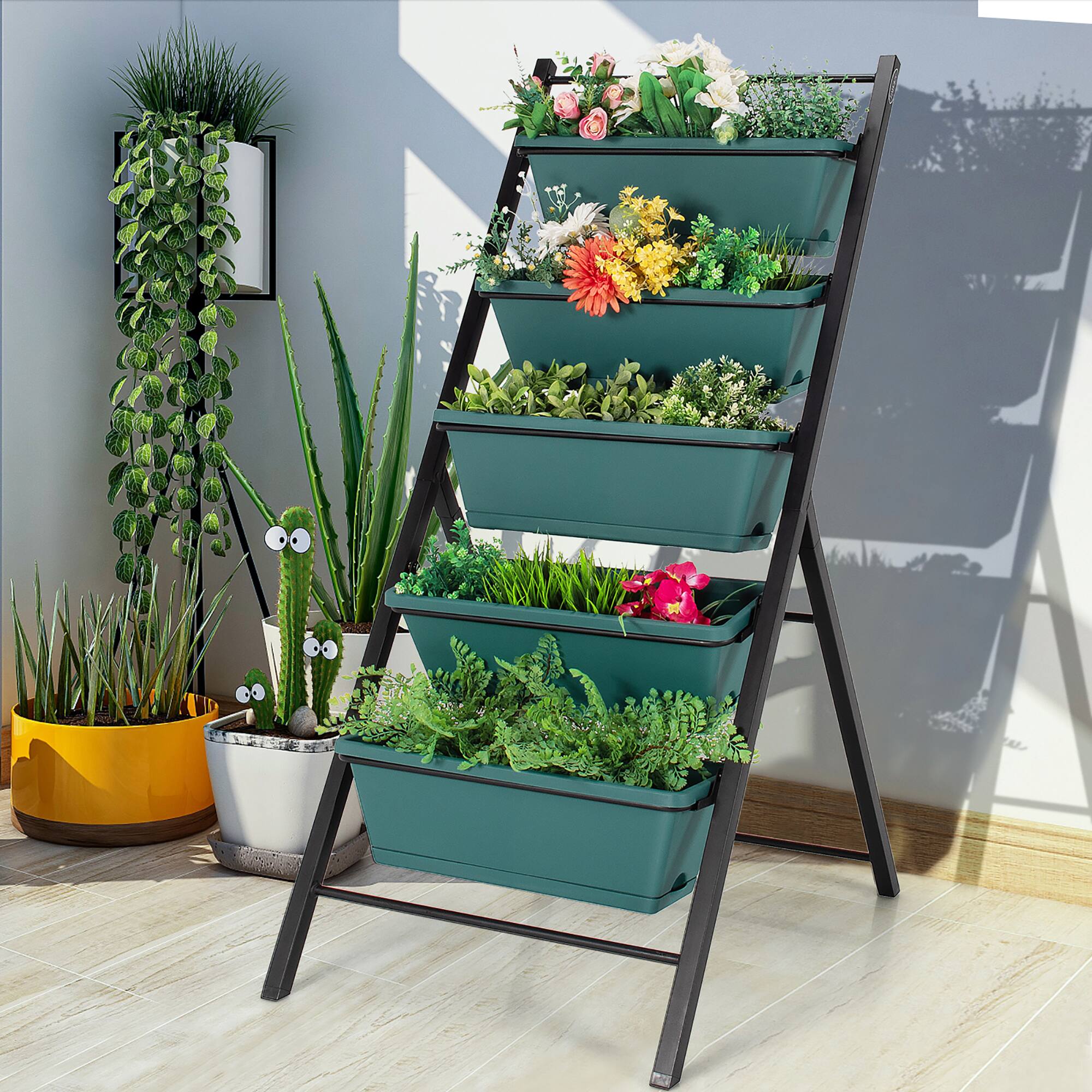 Alt View 5. Costway - 5-tier Vertical Garden Planter Box Elevated Raised Bed w/5 Container - Green.