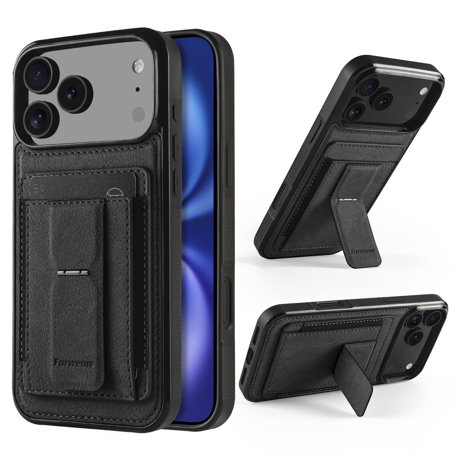 Dteck - Slim Card Holder Case for Apple iPhone 17 Pro Max, Shockproof Wallet Protective Cover with Kickstand - Black