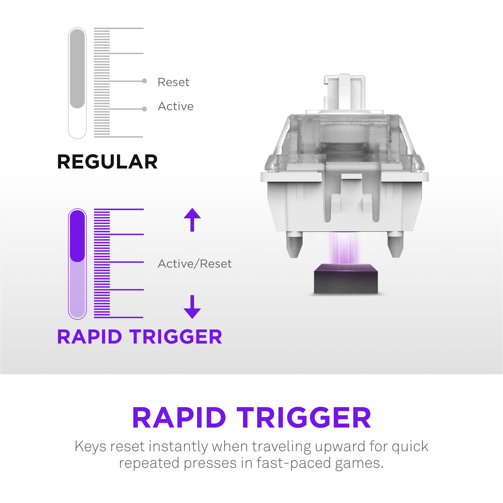 Reset Active REGULAR IE Active/Reset RAPID TRIGGER RAPID TRIGGER Keys reset instantly when traveling upward for quick repeated presses in fast-paced games.