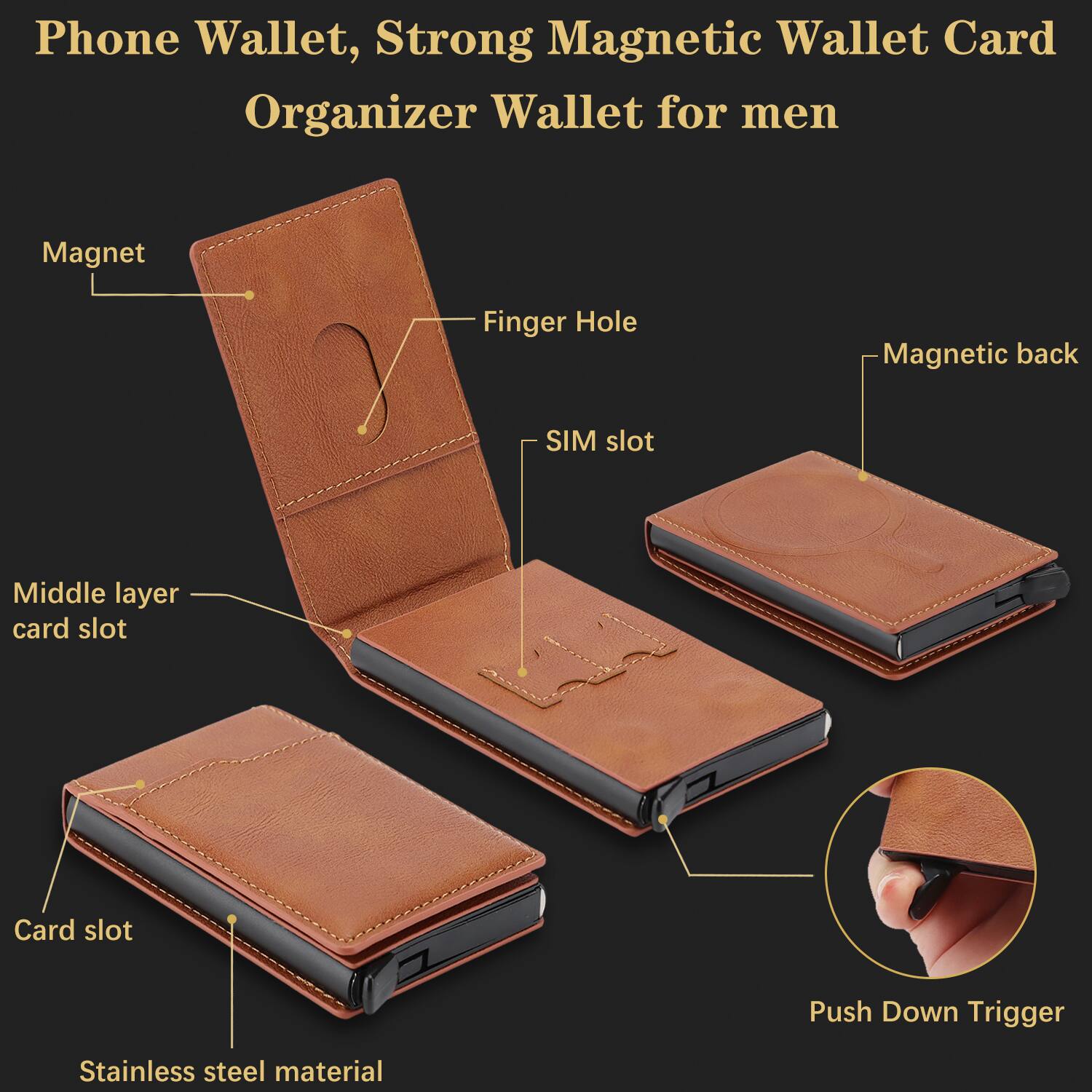 Phone Wallet, Strong Magnetic Wallet Card Organizer Wallet for men

- Magnet
- Finger Hole
- SIM slot
- Magnetic back
- Middle layer card slot
- Card slot
- Stainless steel material
- Push Down Trigger