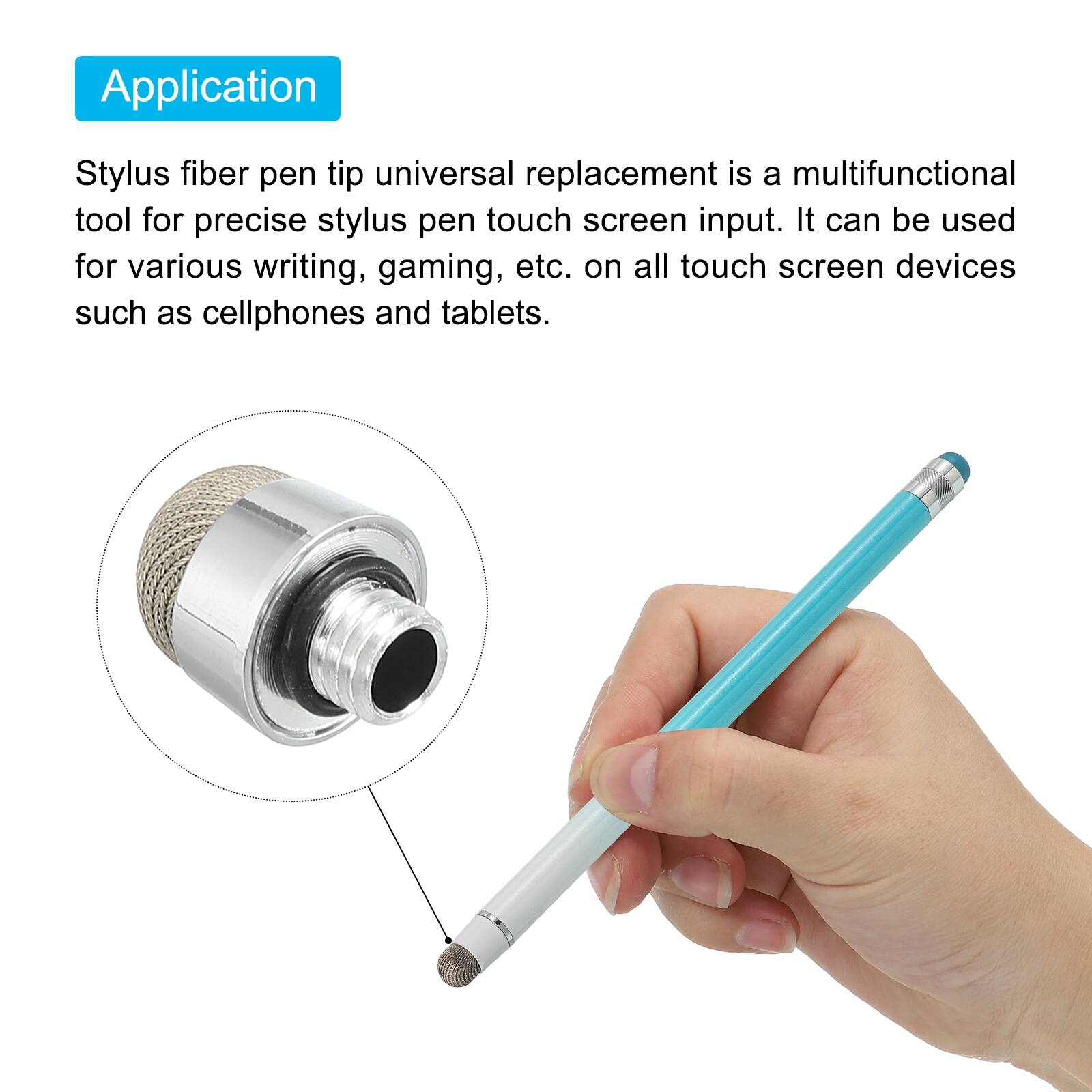 Application

Stylus fiber pen tip universal replacement is a multifunctional tool for precise stylus pen touch screen input. It can be used for various writing, gaming, etc. on all touch screen devices such as cellphones and tablets.