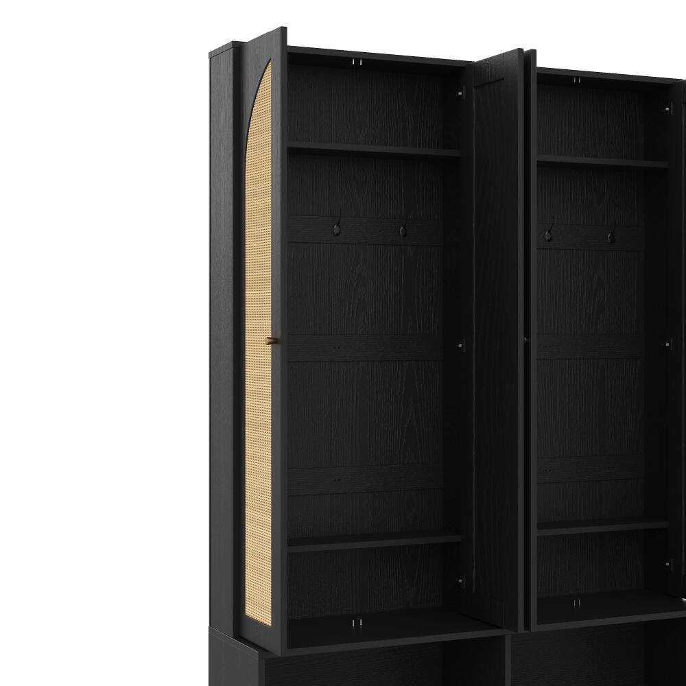 Alt View 8. Loheer - Loheer Farmhouse Hall Tree with Rattan Doors, 4-In-1 Entryway Seating Bench, Black 55.1"W - Black.