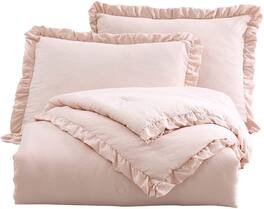 Hivvago - Full Size Stone Washed Ruffled Edge Microfiber Comforter Set - Pink