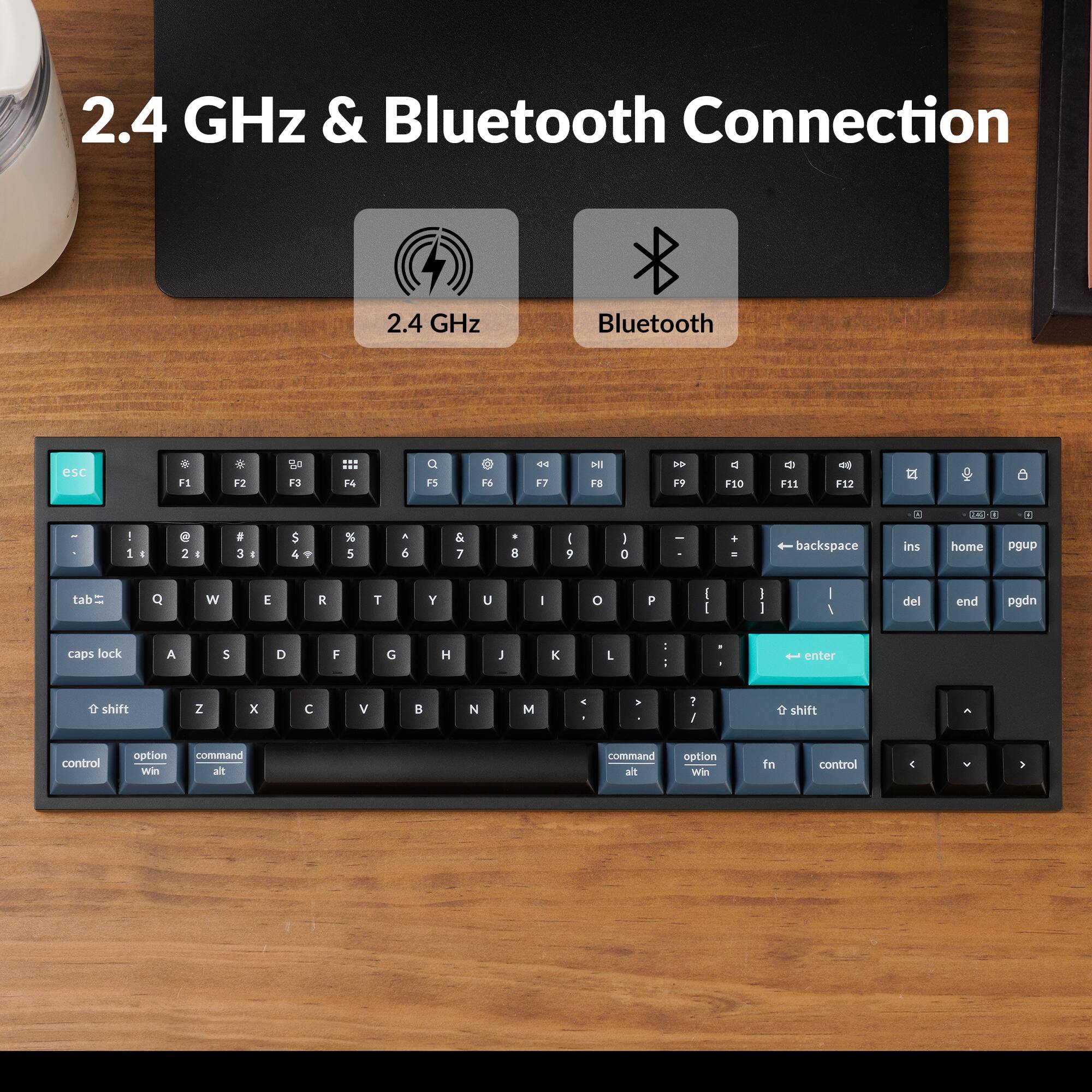 2.4 GHz & Bluetooth Connection

2.4 GHz Bluetooth

esc F1 F2 F3 F4 F5 F6 F7 F8 F9 F10 F11 F12

2 3 4 5 6 7 8 9 0 - + backspace ins home pgup tab Q W E R T Y U I O P

caps lock A S D F G H J K L ; ' enter shift Z X C V B N M

control option command alt win