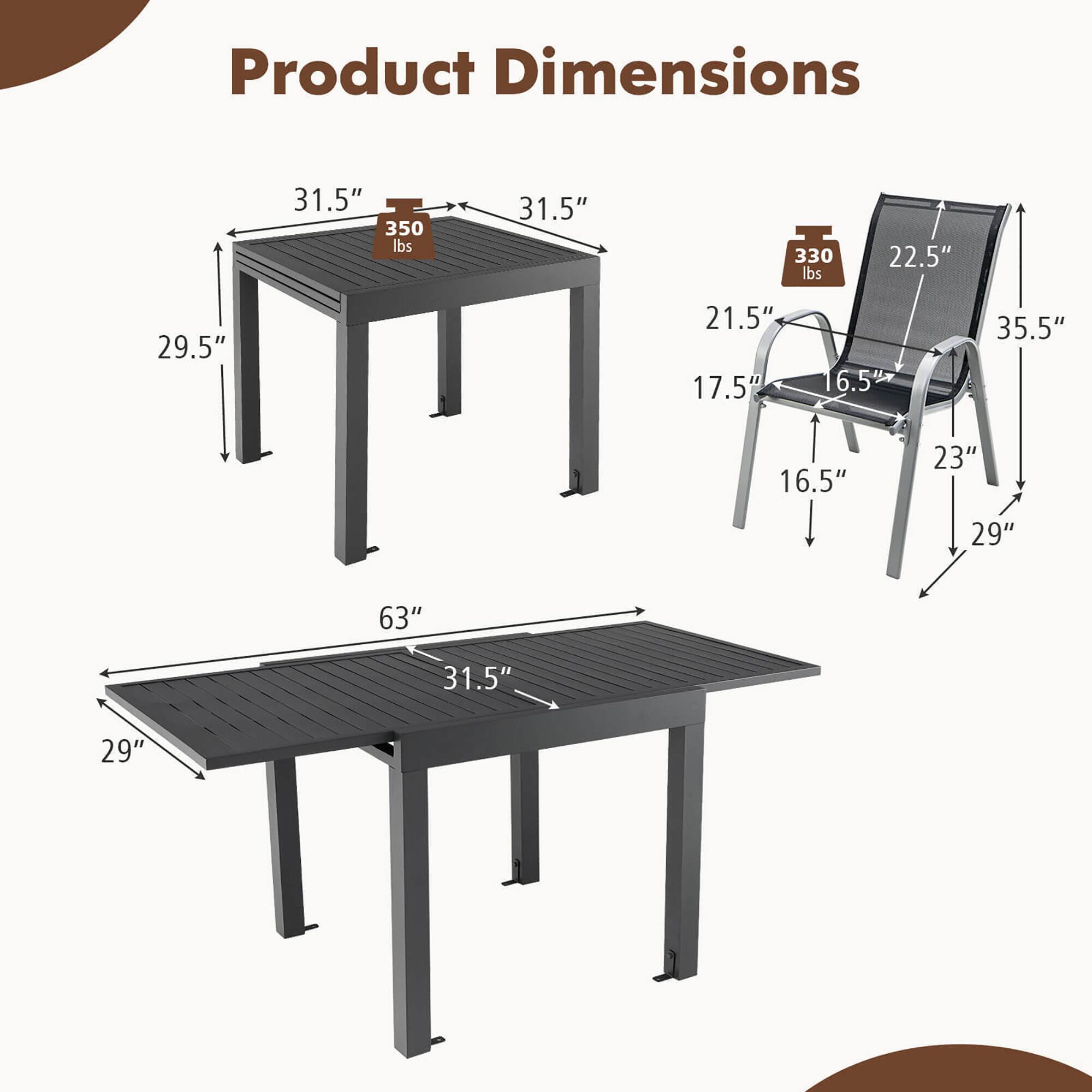 Product Dimensions

- Table 1:
  - Length: 63"
  - Width: 31.5"
  - Height: 29"
  - Top Thickness: 29.5"
  - Leg Width: 31.5"
  - Weight Capacity: 350 lbs

- Table 2:
  - Length: 31.5"
  - Width: 31.5"
  - Height: 29.5"
  - Leg Width: 31.5"
  - Weight Capacity: 350 lbs

- Chair:
  - Seat Height: 16.5"
  - Seat Depth: 21.5"
  - Back Height: 35.5"
  - Armrest Height: 22.5"
  - Width: 23"
  - Depth: 29"
  - Weight Capacity: 330 lbs