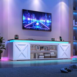 Espafurni - 83" Farmhouse TV Stand with Sliding Barn Doors, LED & Power Outlet, Fits TVs up to 95" - White