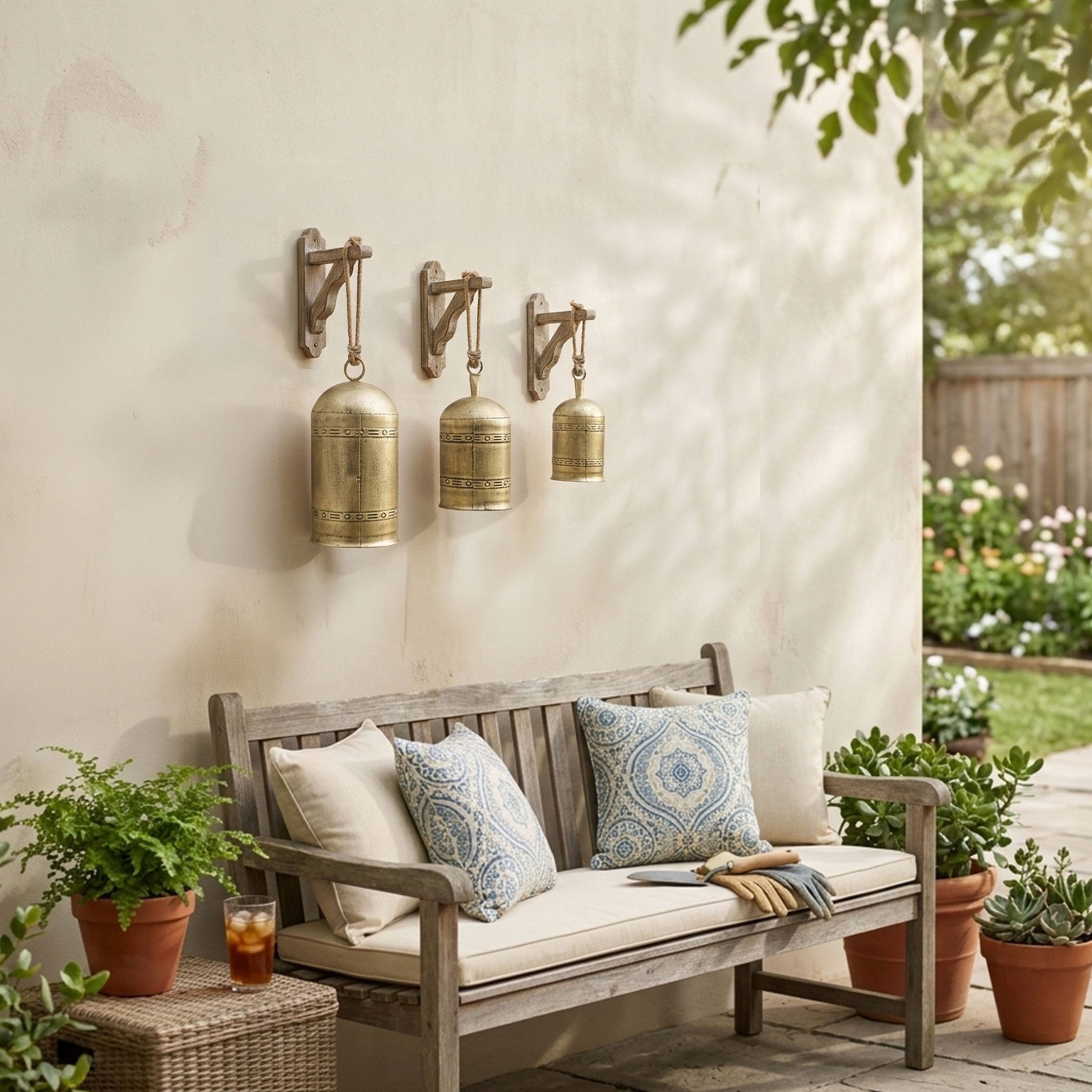 Alt View 4. Manhattan Lane - 3 Piece Cowbell Set, Etched Antique Iron with Jute Rope, Organic Decor - Antique Gold, Natural Brown.