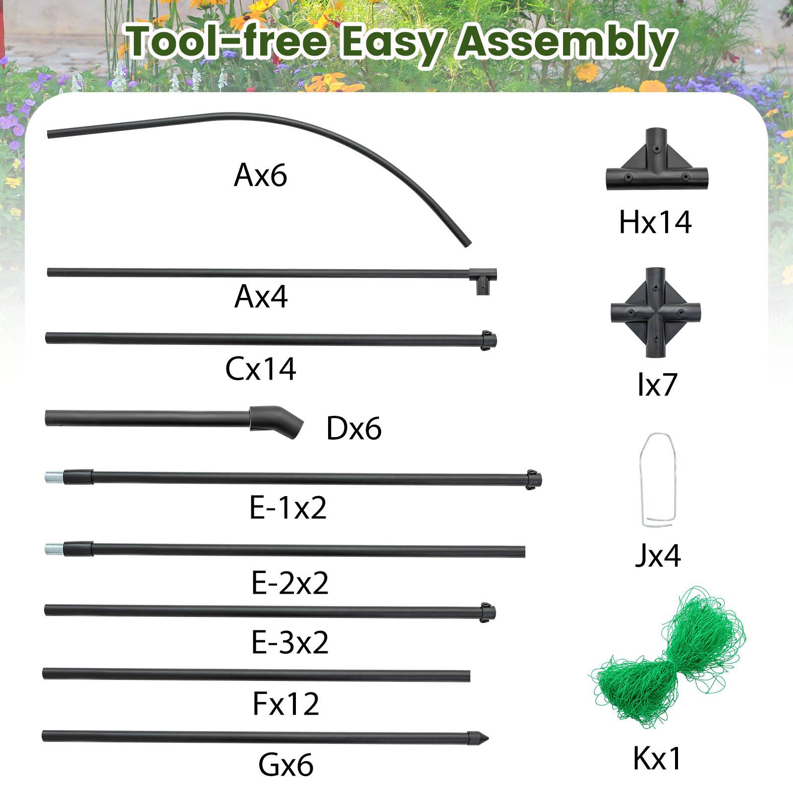 Tool-free Easy Assembly

- Ax6
- Ax4
- Cx14
- Dx6
- E-1x2
- E-2x2
- E-3x2
- Fx12
- Gx6
- Hx14
- Jx4
- Kx1
- Lx7