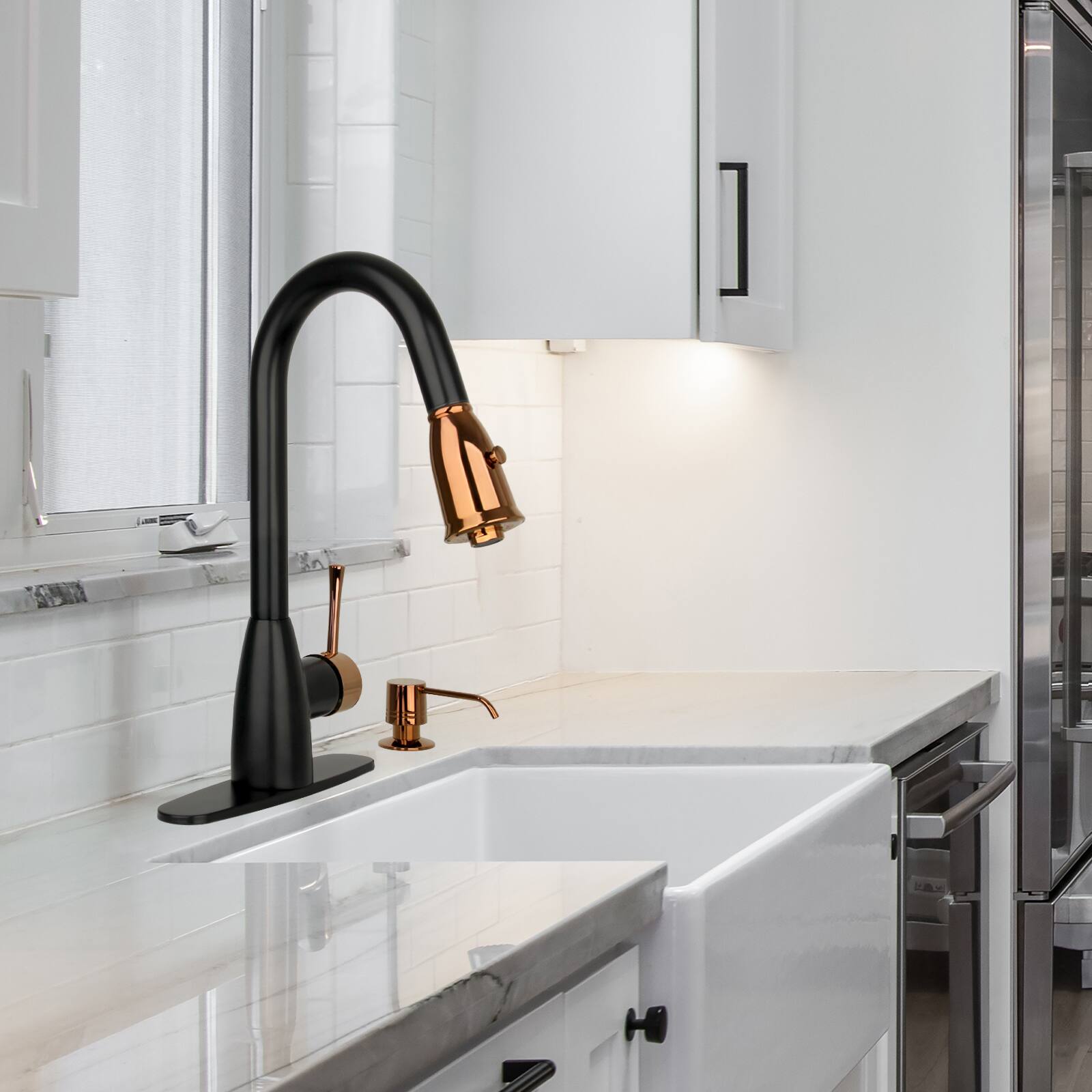 Alt View 7. Akicon - Akicon One-Handle Solid Brass Kitchen Faucet with Pull Down Sprayer in Matte Black & Rose Gold - Matte Black & Rose Gold.