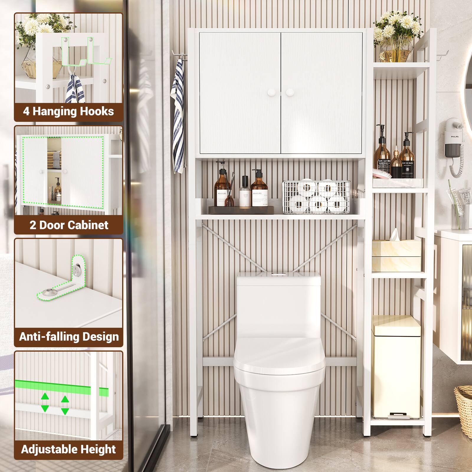 4 Hanging Hooks  
2 Door Cabinet  
Anti-falling Design  
Adjustable Height