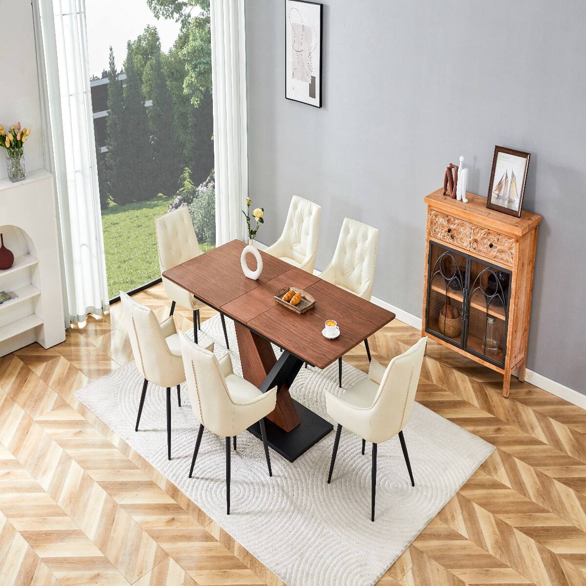 Alt View 2. Loheer - Loheer Extendable Dining Table Dark Walnut Rectangular Dining Table with Metal Cross Base - Dark Walnut.