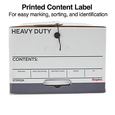Printed Content Label  
For easy marking, sorting, and identification  

HEAVY DUTY  

CONTENTS:  
BOX NO. | BOX LOCATION | DESTROY DATE | FROM | TO  
ST59224  

Staples