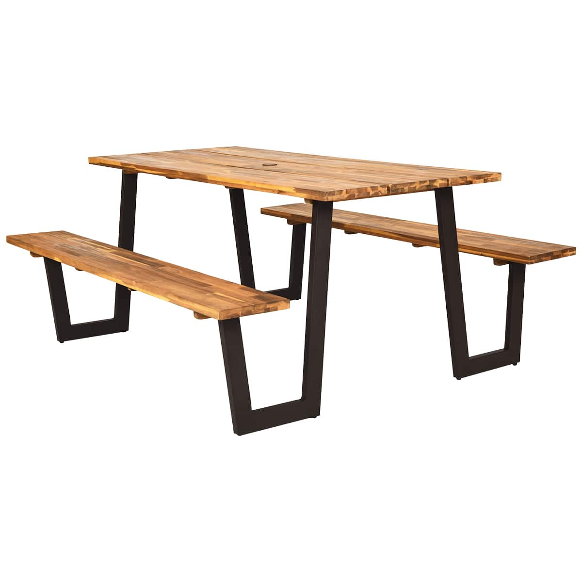 Costway - Patented Picnic Table with 2 Benches 70" Dining Table Set with Seats and Umbrella Hole - Natural