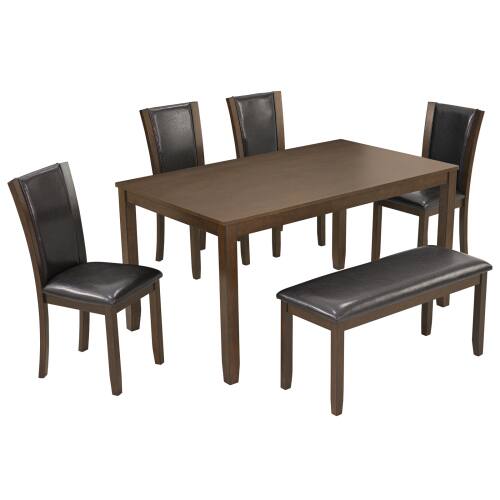 Alt View 2. LUCKY ONE - 6-Piece Farmhouse Dining Set with 58.5" Rectangular Dining Table, Bench and 4 Upholstered Chairs - Dark Walnut.