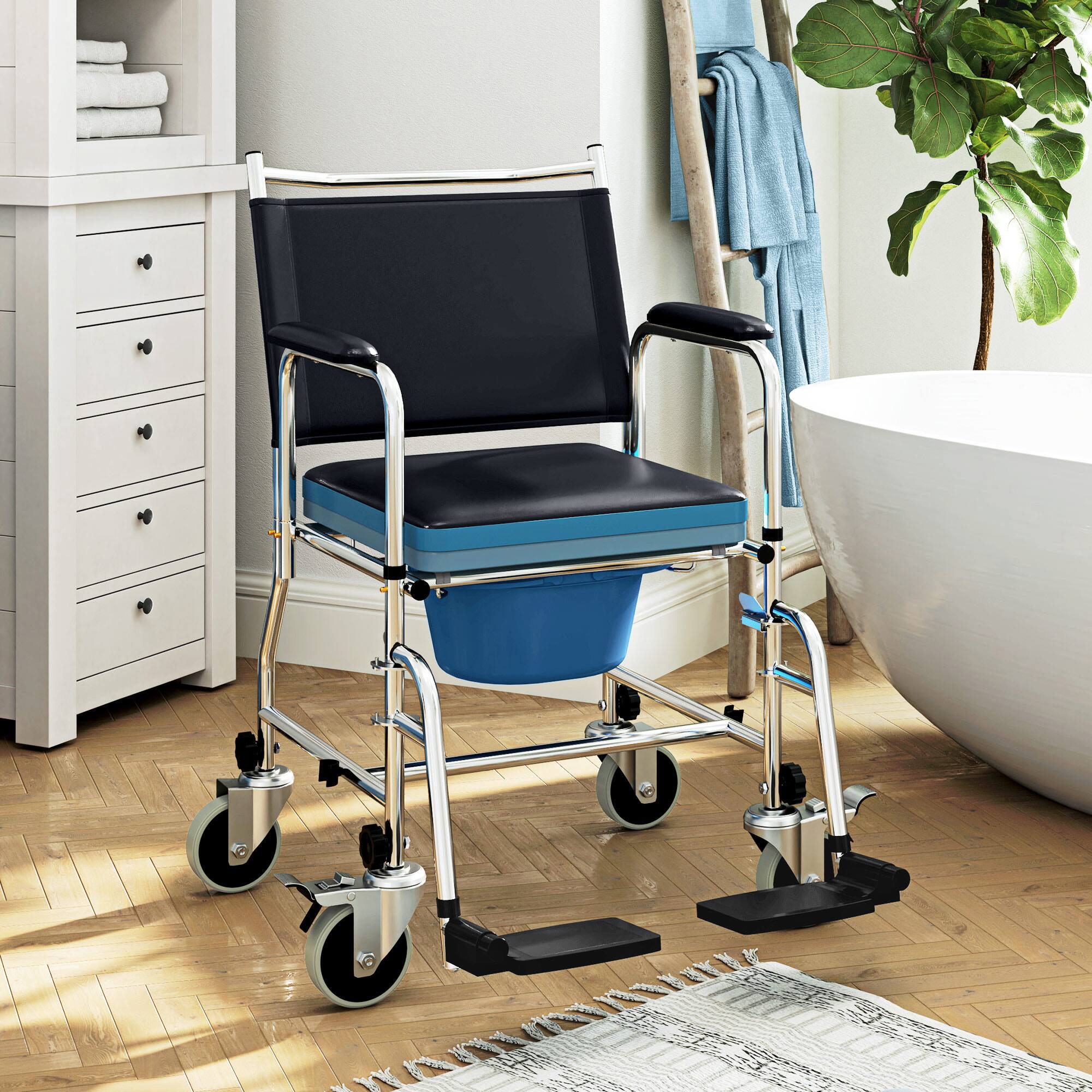 Alt View 1. Homcom - Rolling Commode & Shower Chair with Wheels, 3 in 1 Bedside Commode Chair with Padded Seat, Backrest, for Handicap - Black.