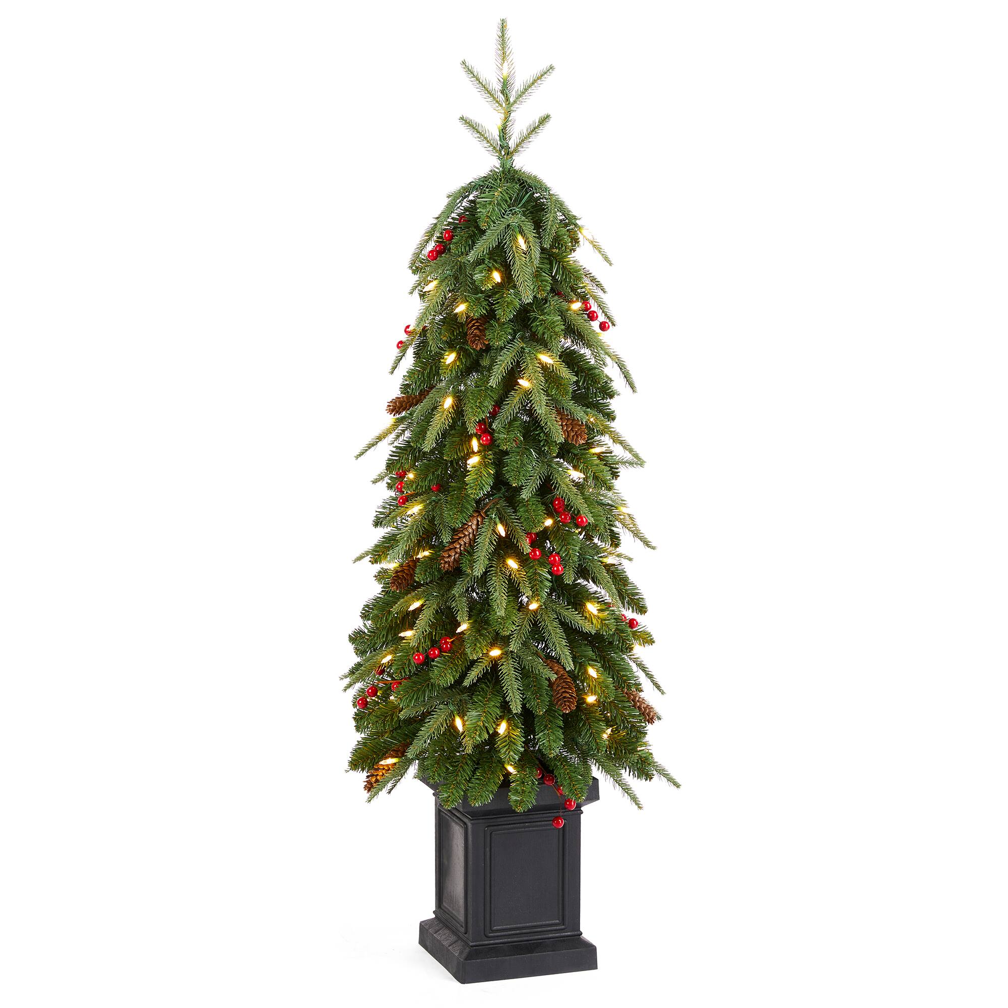 Angle. Glitzhome - 4ft Pre-lit Green Artificial Christmas Porch Tree, red berries,pinecones and 100 warm white lights,3 function Foot Pedal - Green.