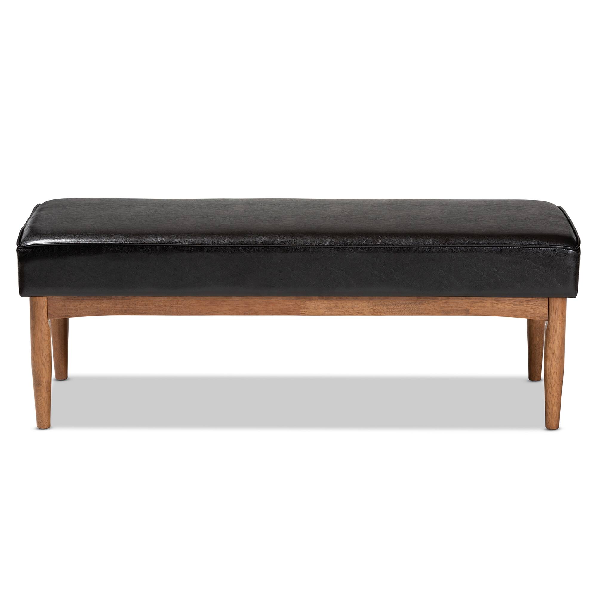 Angle. Baxton Studio - Arvid Mid-Century Modern Faux Leather Upholstered Wood Dining Bench - Dark Brown/Walnut Brown.