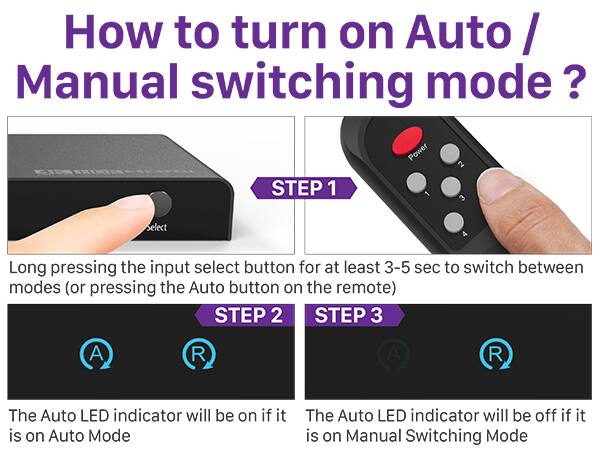 How to turn on Auto / Manual switching mode?

STEP 1
Long pressing the input select button for at least 3-5 sec to switch between modes (or pressing the Auto button on the remote)

STEP 2
The Auto LED indicator will be on if it is on Auto Mode

STEP 3
The Auto LED indicator will be off if it is on Manual Switching Mode