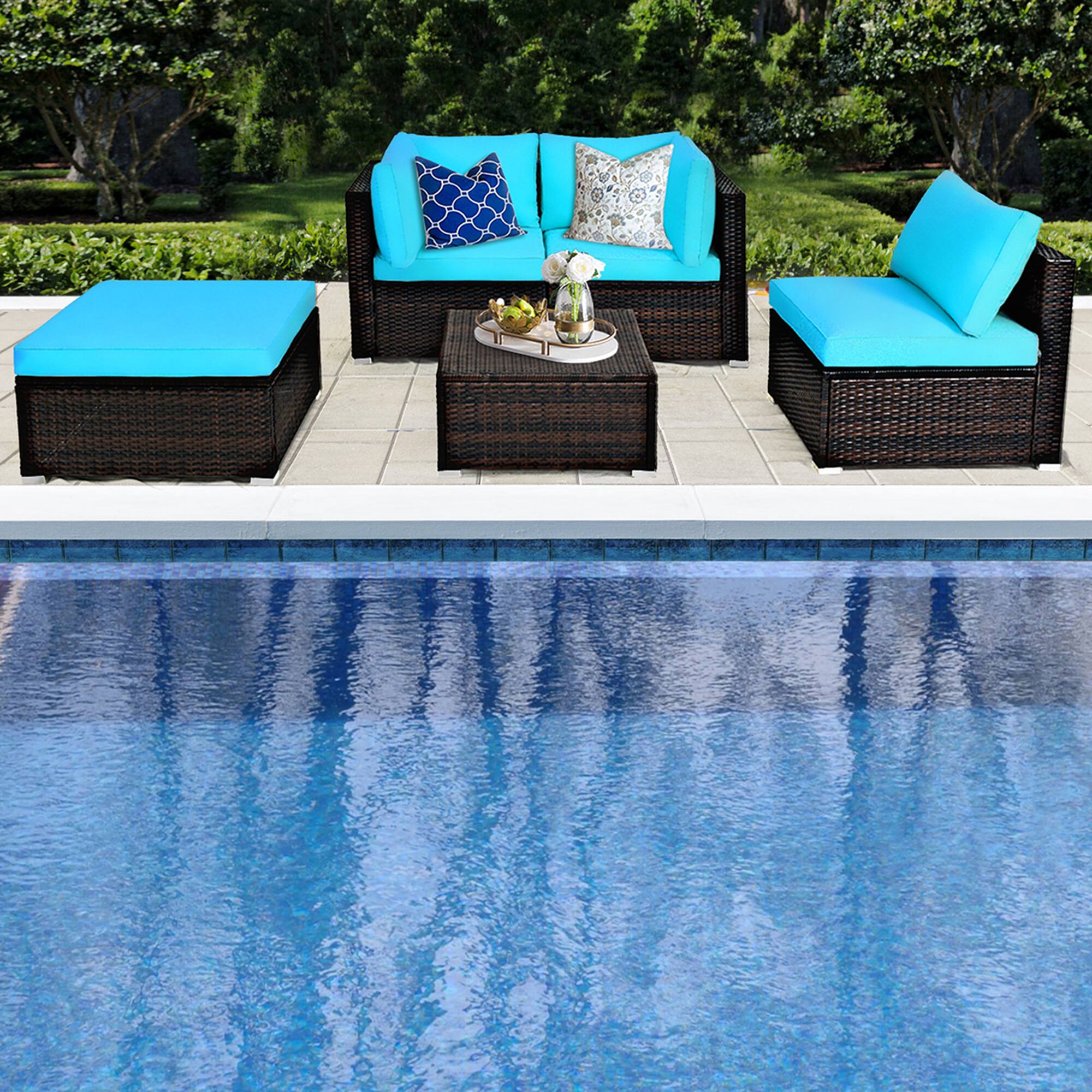 Alt View 2. Gymax - Gymax 5PCS Cushioned Rattan Patio Conversation Set Outdoor Furniture Set w/ Ottoman - Turquoise.