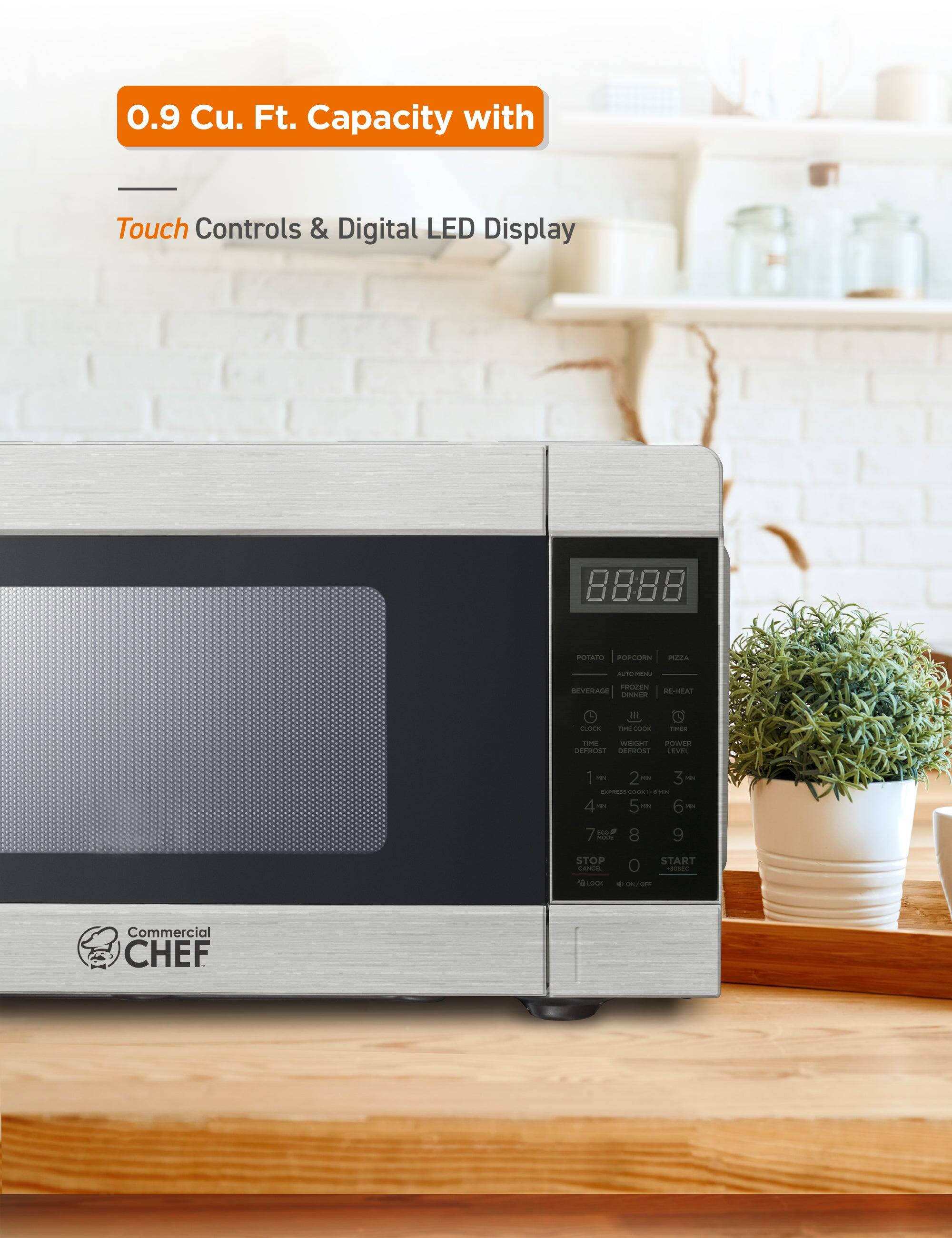 0.9 Cu. Ft. Capacity with Touch Controls & Digital LED Display

8888
POTATO - POPCORN - PIZZA - BEVERAGE - AUTO MENU - FROZEN - REHEAT - DINNER - CLOCK - TIMER - WEIGHT - DEFROST - COOKING LEVEL - 1 - 2 - 3 - 4 - 5 - 6 - 7 - 8 - 9 - STOP - CANCEL - START - LOCK - ON/OFF

Commercial CHEF