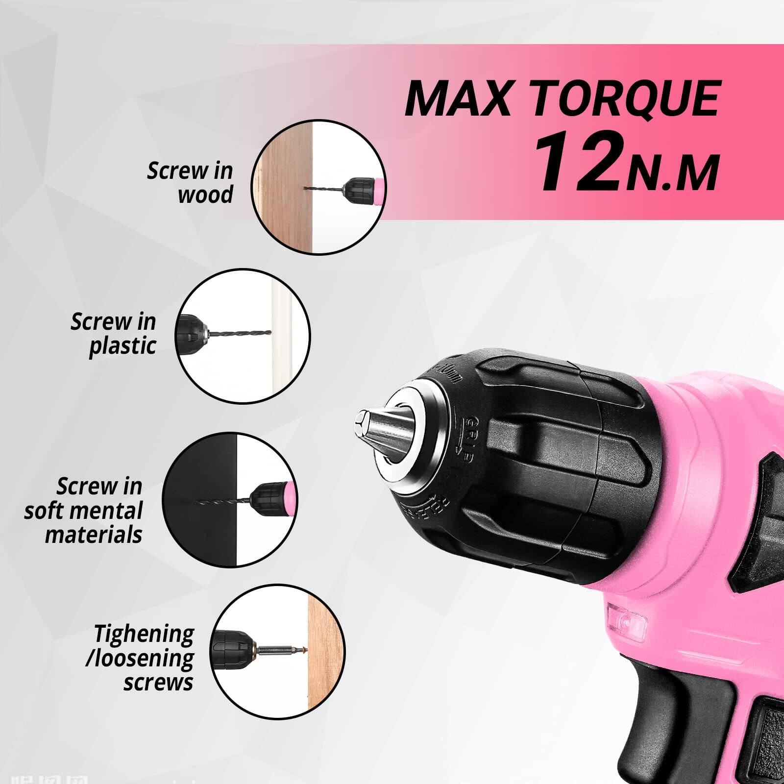 Sure, here is the corrected and grouped text from the image:

---

**MAX TORQUE 12 N.M**

- Screw in wood
- Screw in plastic
- Screw in soft mental materials
- Tightening / loosening screws

---
